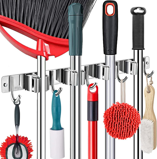Piyl Broom Mop Holder Wall Mount Broom Hanger Wall Mounted Metal Organization Garage Storage Garden Kitchen Tool Organizer With 4 Racks and 5 Hooks (Silver, 1 Pack 4R5H)