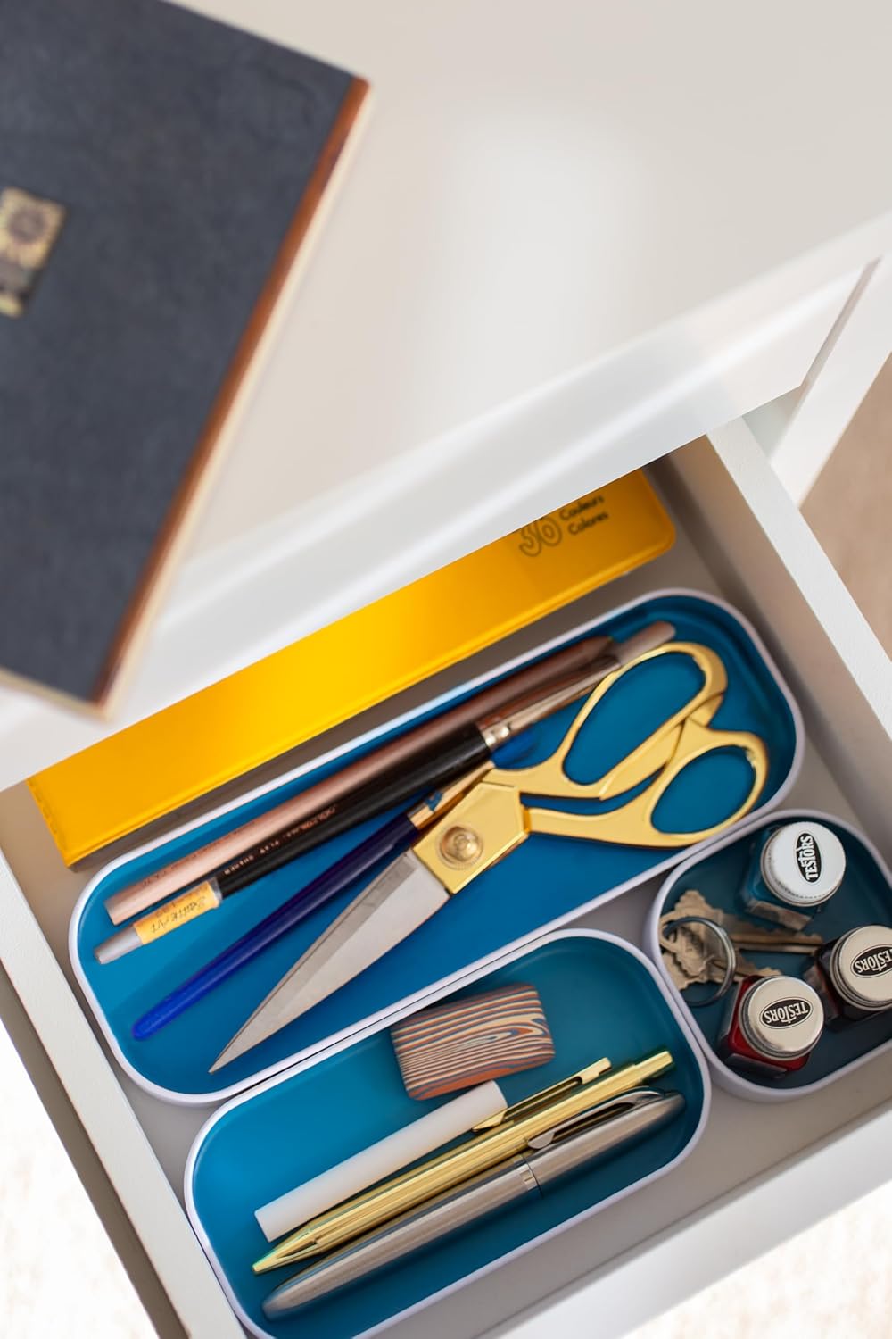 Three by Three Seattle 6 Piece Metal Stacking Bins + Drawer Organizers Set: Elevate Your Desk Organization with Playful Stackable Metal Organizers: Fun, Functional, and Stylish (Sky Blue)