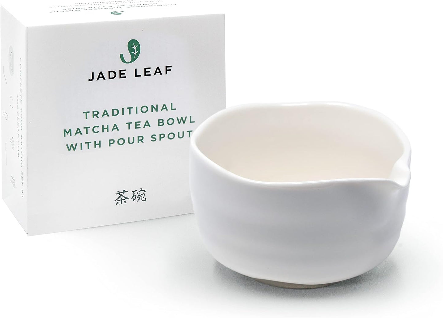 Jade Leaf Matcha - Traditional Porcelain Tea Bowl with Pour Spout - Hand Made Porcelain with White Matte Glaze - For Perfectly Whisked Green Tea (18 Ounce) - Great Gift for Matcha Lovers