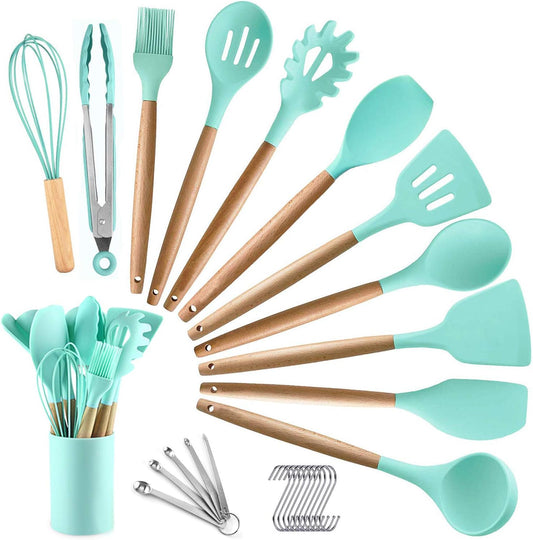 Kitchen Cooking Utensils Set, 27 pcs Non-stick Silicone Cooking Kitchen Utensils Spatula Set with Holder, Wooden Handle Heat Resistant Silicone Kitchen Gadgets Utensil Set