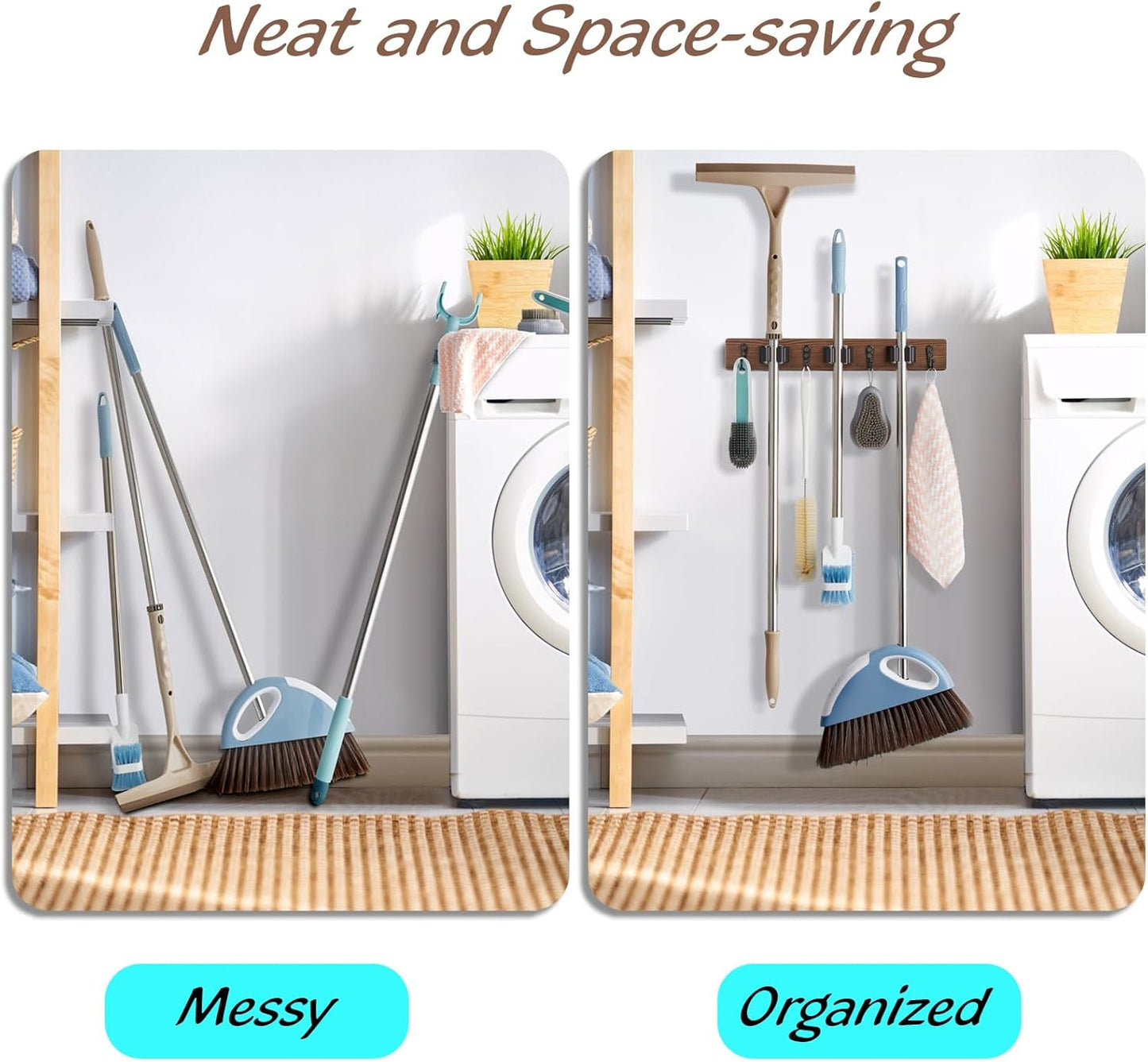 2 Pack Mop Broom Holder Wall Mount with 3 Slots & 4 Hooks - Rustic Wood Broom Mop Hanger for Pantry Kitchen Organization - Garden Tool Organizer for Closet Laundry Room