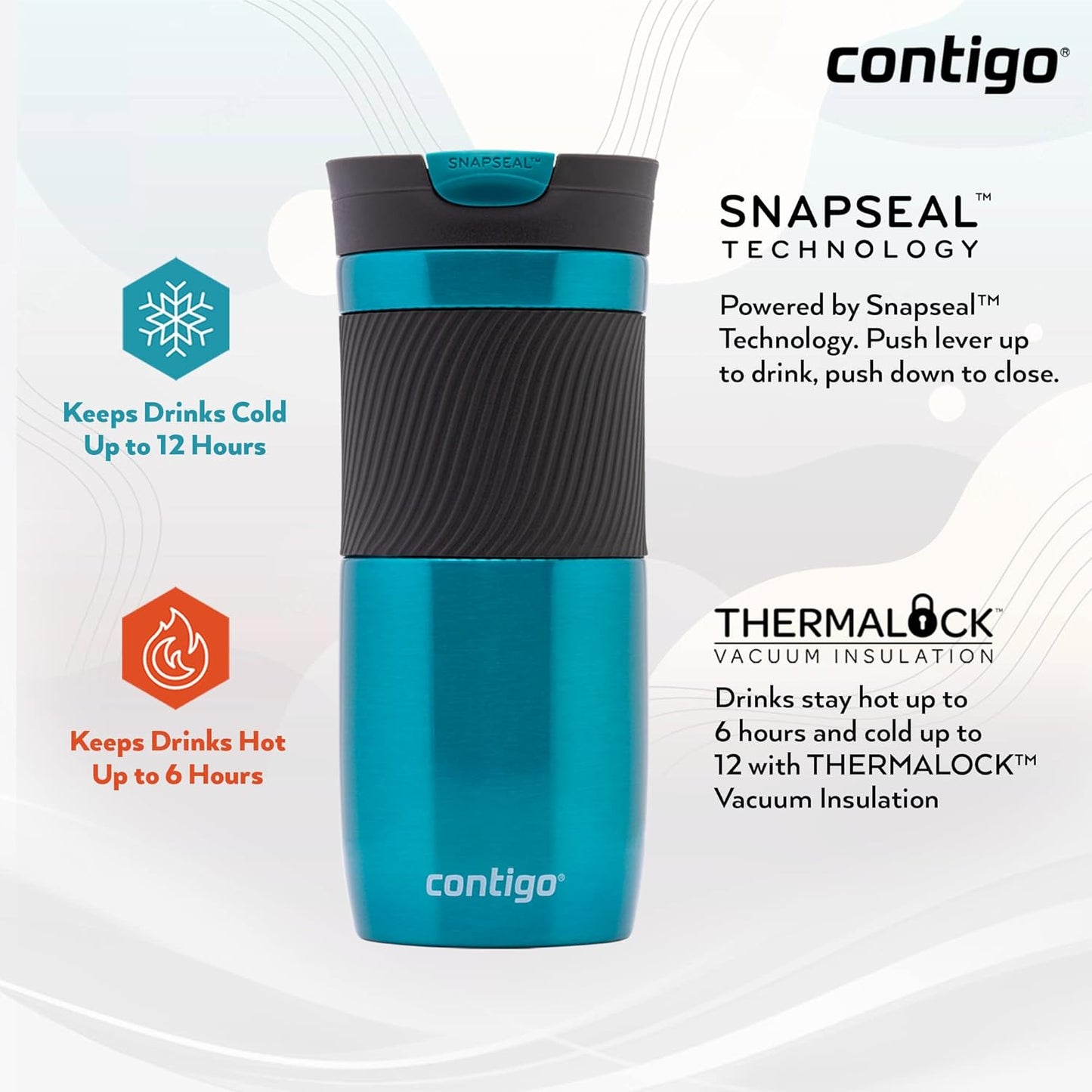 Contigo Byron Snapseal Travel Mug, Stainless Steel Thermal mug, vacuum flask, leakproof tumbler, coffee mug with BPA free Easy-Clean Lid, 470 ml, Biscay Bay