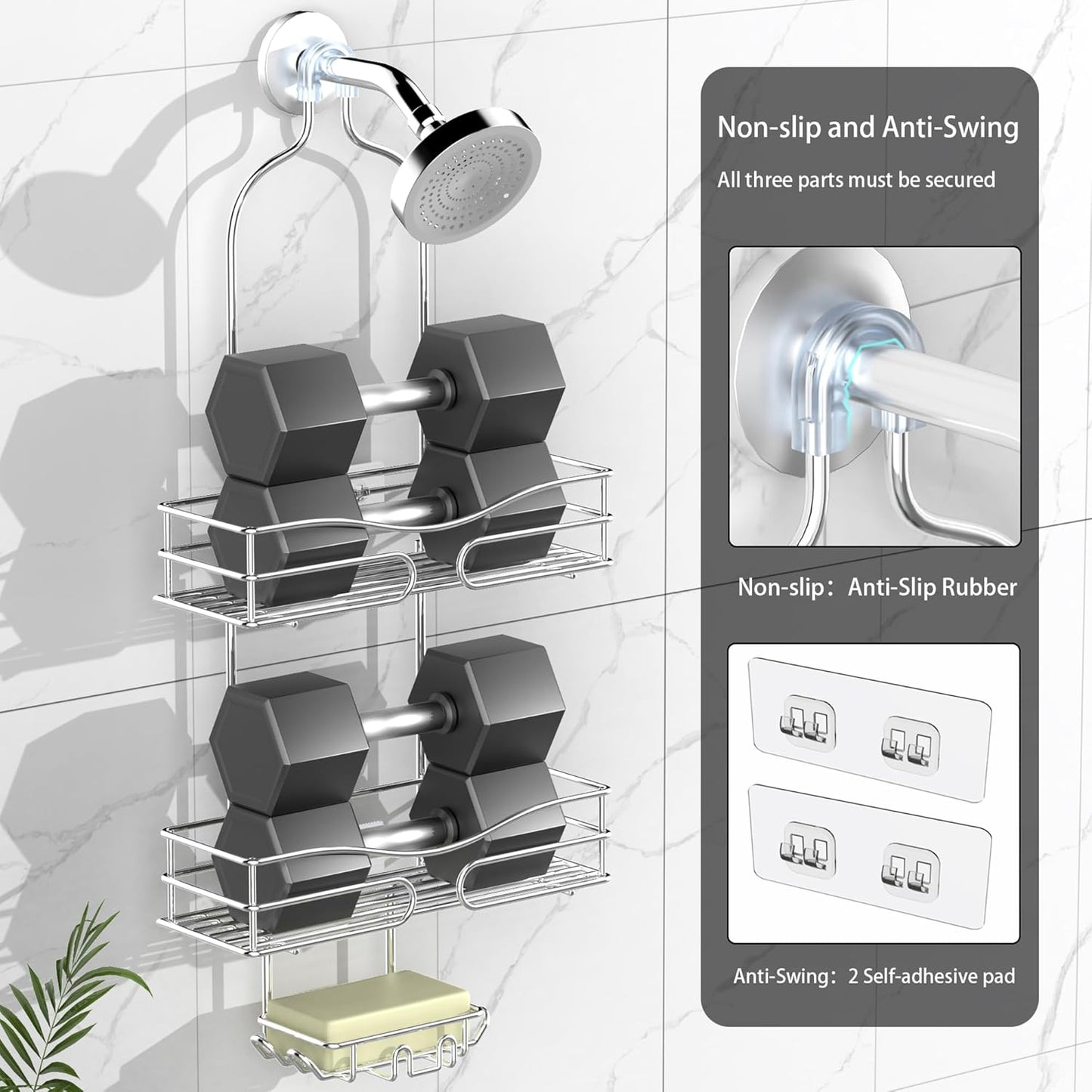 Shower Caddy - Organizer with 6 Hooks, Soap Basket & Self-Adhesive Pad, Silver