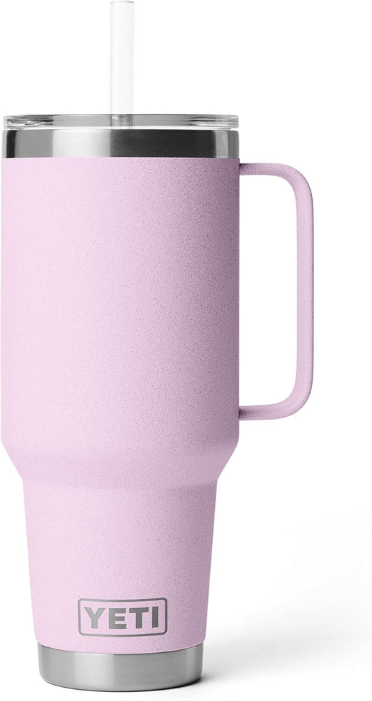 YETI Rambler 42 oz Tumbler with Handle and Straw Lid, Travel Mug Water Tumbler, Vacuum Insulated Cup with Handle, Stainless Steel, Cherry Blossom - Textured