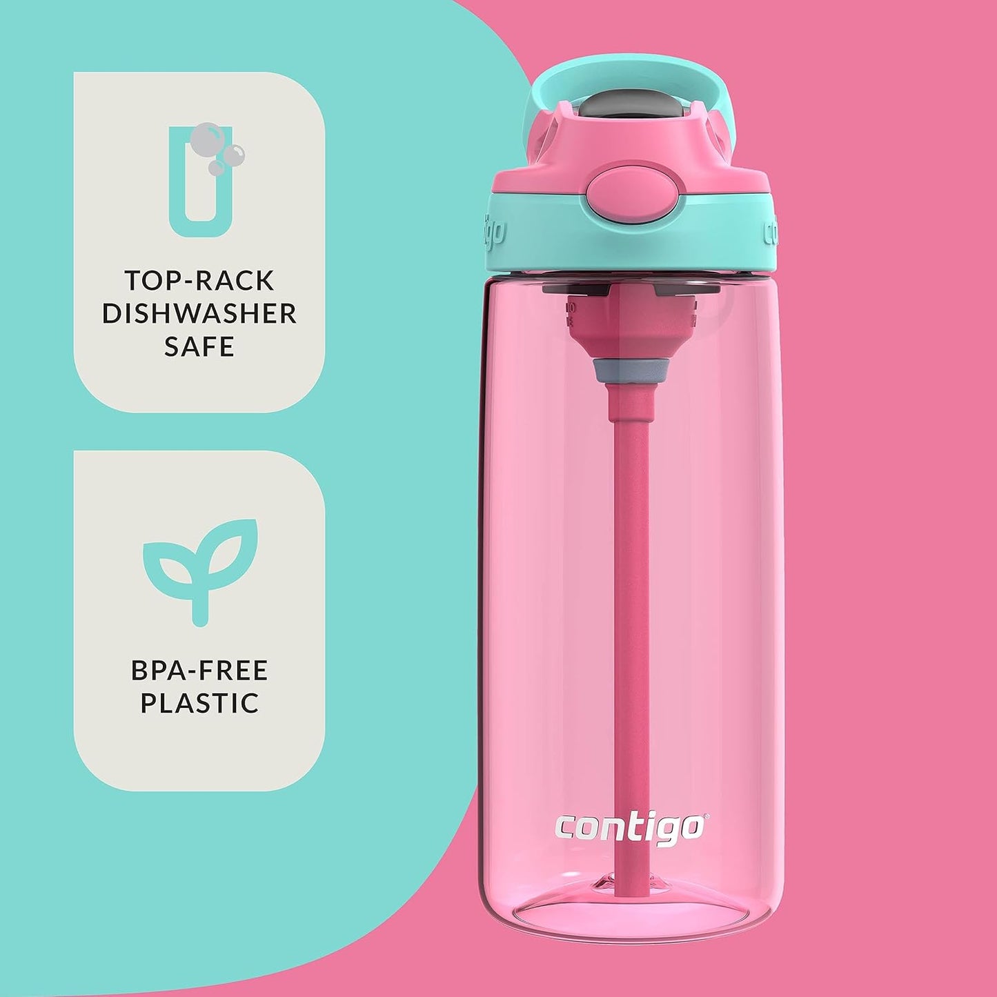 Contigo Aubrey Kids Water Bottle, 2-Pack, 20oz, Azalea/Jade & Blue Raspberry.Azalea, Spill-Proof Lid, Dishwasher Safe, BPA Free