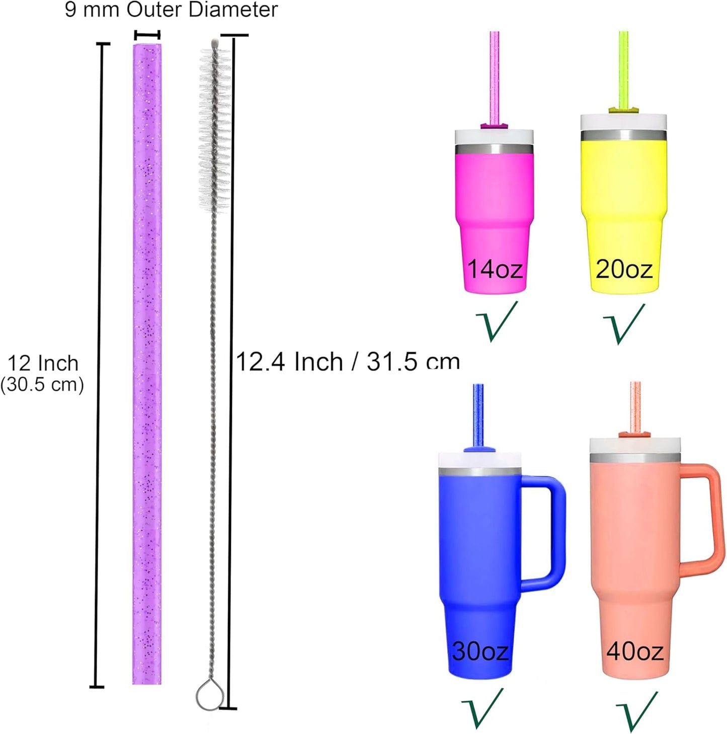 Dakoufish Replacement Glitter Straws for Stanley|Owala|Simple Modern 40oz 30oz Tumbler,10 Pack 12 Inch Reusable Straws With Cleaning Brush For Stanley Hydro Jug Cup,Dishwasher Safe (Mix 10color)