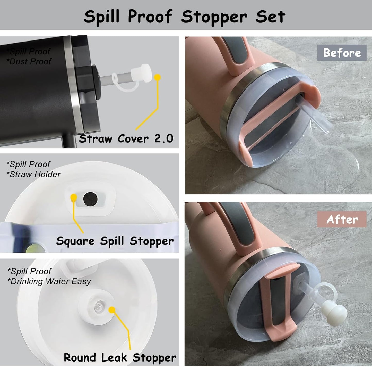 Stanley Cup Accessories Set,Including 2 Pcs 0.4in Straw Cover, 1 Silicone Spill-Proof Stopper Set of 3, 1 Cute Rose Handle Charm, 1 Silicone Boot Fits Stanley 40&30 Oz Tumbler (Black 2.0)