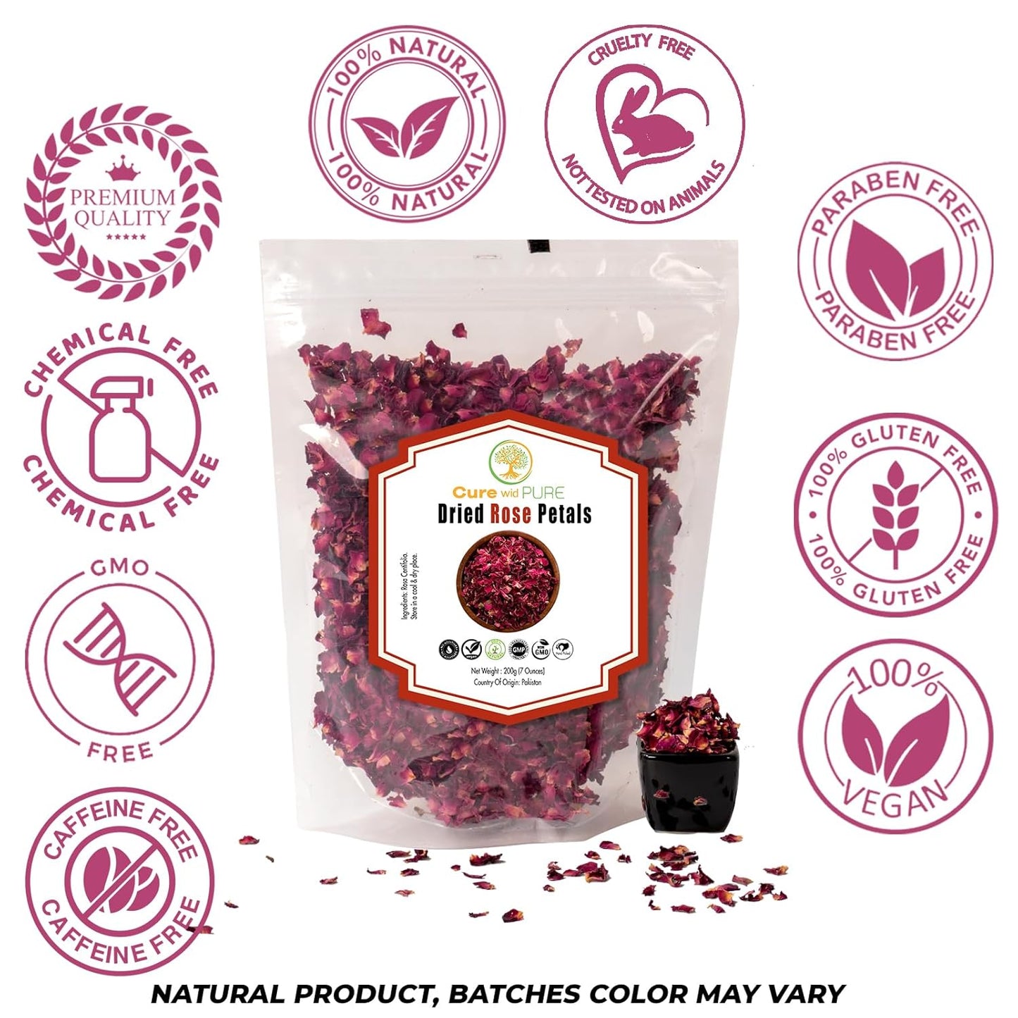 Cure Wid Pure Certified Organic Dried Rose Petals 7oz Food-Grade Edible Rose Petals for Tea,Cocktails,Baking,Skincare & DIY - Sun-Dried,Non-GMO,Gluten & Chemical-Free Edible Flowers in Resealable Bag