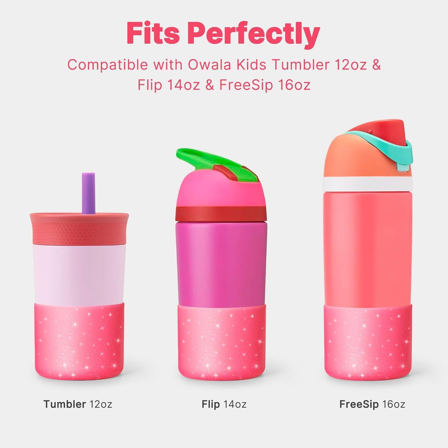 Silicone Water Bottle Boot for Owala 14/16oz, Anti-Slip Protective Sleeve Bottom Bumper Protector for Owala Kids 12 oz Tumbler, Flip 14 oz and FreeSip 16 oz Water Bottle (Glitter Rose Red)