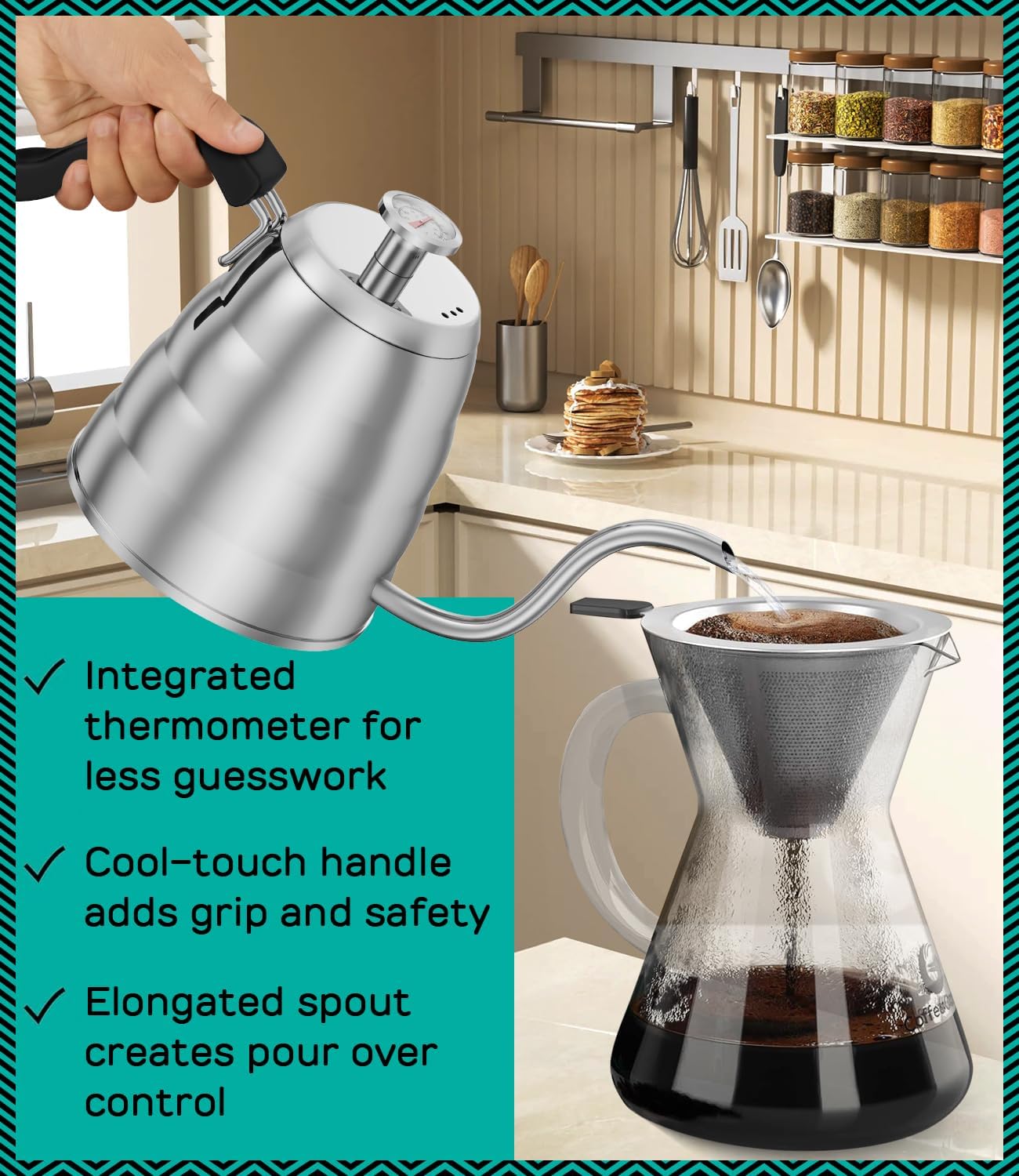 Coffee Gator Gooseneck Kettle with Thermometer - 40oz Premium Stainless Steel Pour Over Coffee Maker Kettles, Stove Top, w/Precision Drip Spout, for Drip Coffee, French Press, Tea Kettle, 5 Cup