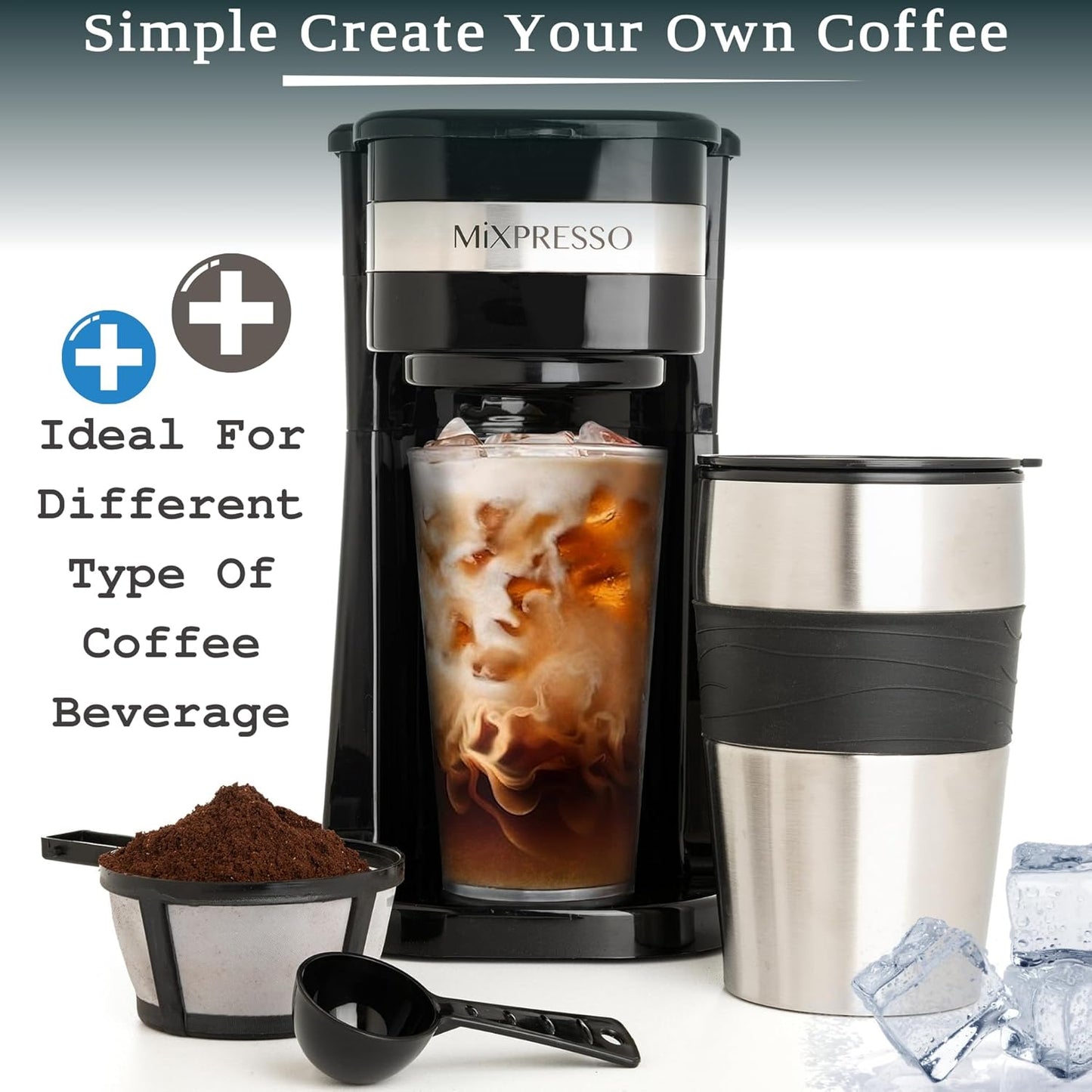 Mixpresso Black Personal Single Serve Coffee Maker with 14oz Travel Mug, Drip Small Coffee Maker with Auto Shut Off, Reusable Filter, Works with Ground Coffee Only – Not for K-Cup Pods