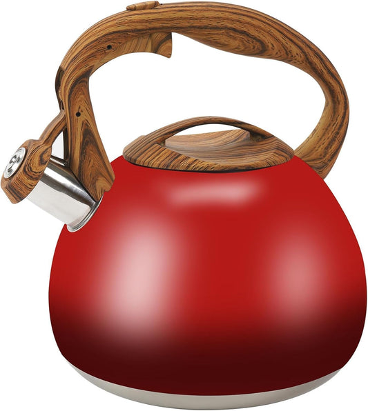Festive Red Stovetop Whistling Tea Kettle 3.2 Quart - Stainless Steel with Wood Grain Handle, Loud Christmas Whistle for Boiling Water, Holiday Cocoa & Milk, Easy-Pour Spout Classic Design