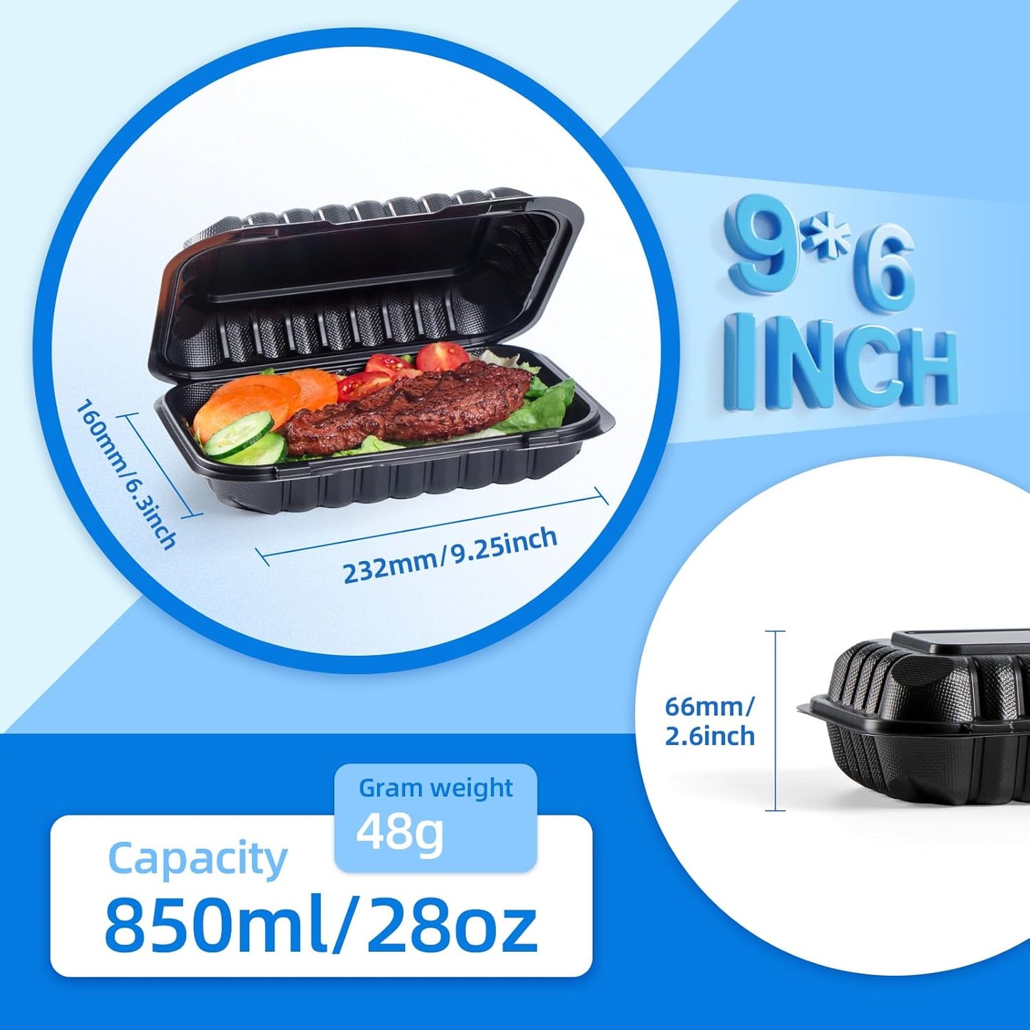 YANGRUI Takeout Containers 9x6 28 oz 50 Pack - Shrink Wrapped Mineral-Filled BPA Free PP Plastic | Reusable Heavy Duty Microwave & Freezer Safe | Restaurant Grade Black Clamshell Food Container