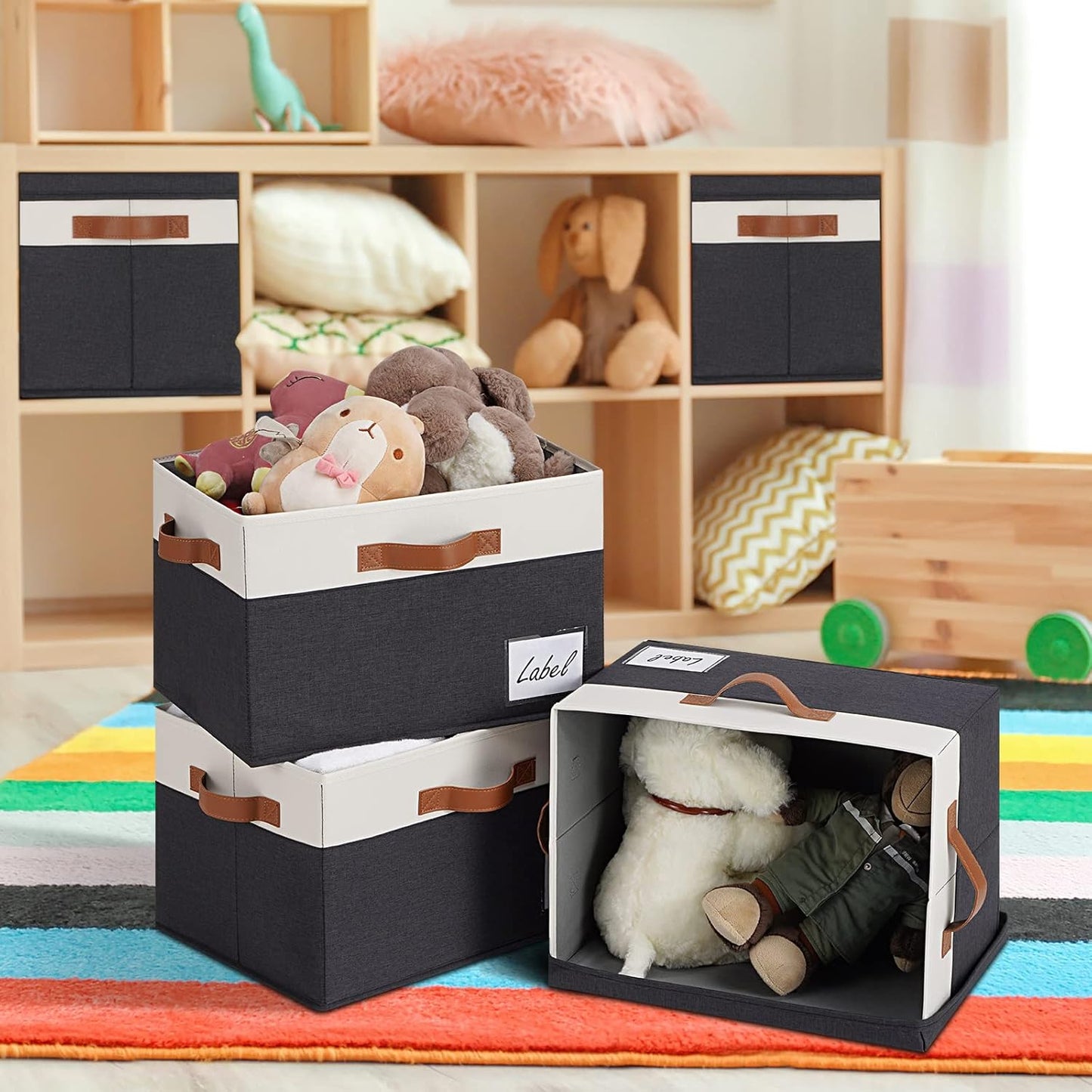 GhvyenntteS Extra Large Storage Bins with Lids, Foldable Fabric Storage Boxes with Lids and 3 Leather Handles, Storage Baskets with Label Window (6 Pack, Black, 15.75" x 11.8" x 10.2")