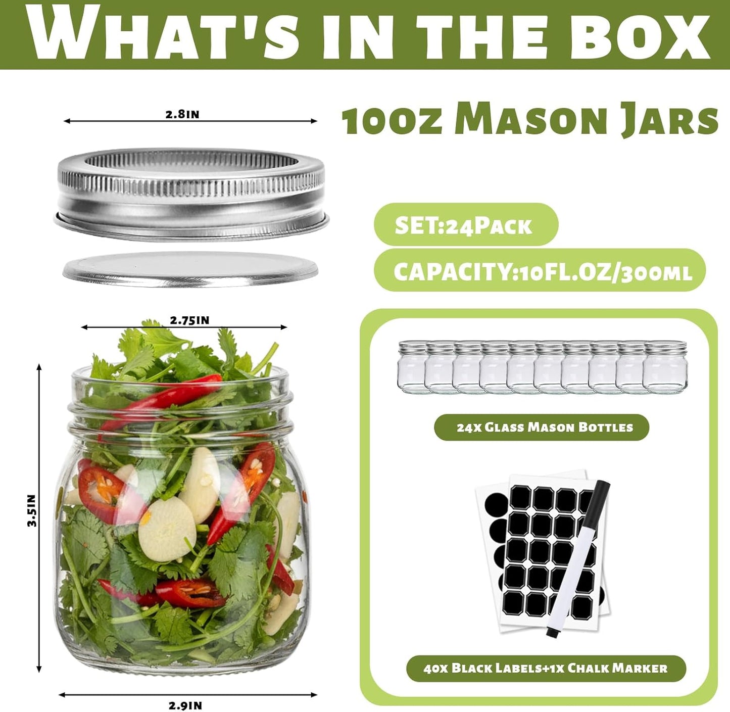 10 oz Glass Mason Jars, 24 Pack Clear Glass Jars with Regular Lids, Canning Jars for Honey, Yogurt, Wedding Favors, Food Storage, Vegetables, Includes 40 Black Labels