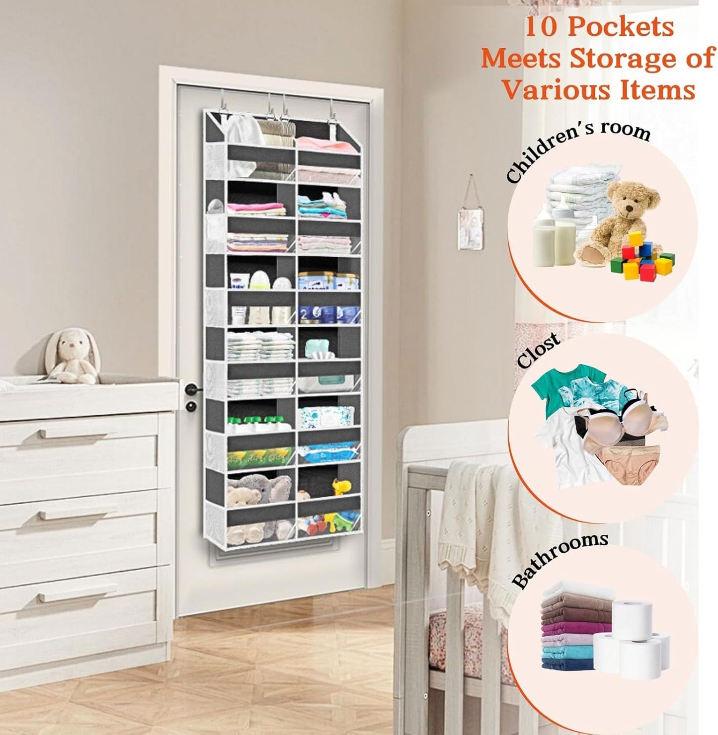 Over the Door Organizer 6 Tiers, Extra Large Behind Door Storage of 12 Compartments, 80 lbs Weight Capacity Hanging Storage Organizer with Clear Window Kids Toys, Shoes, Diapers, Room storage