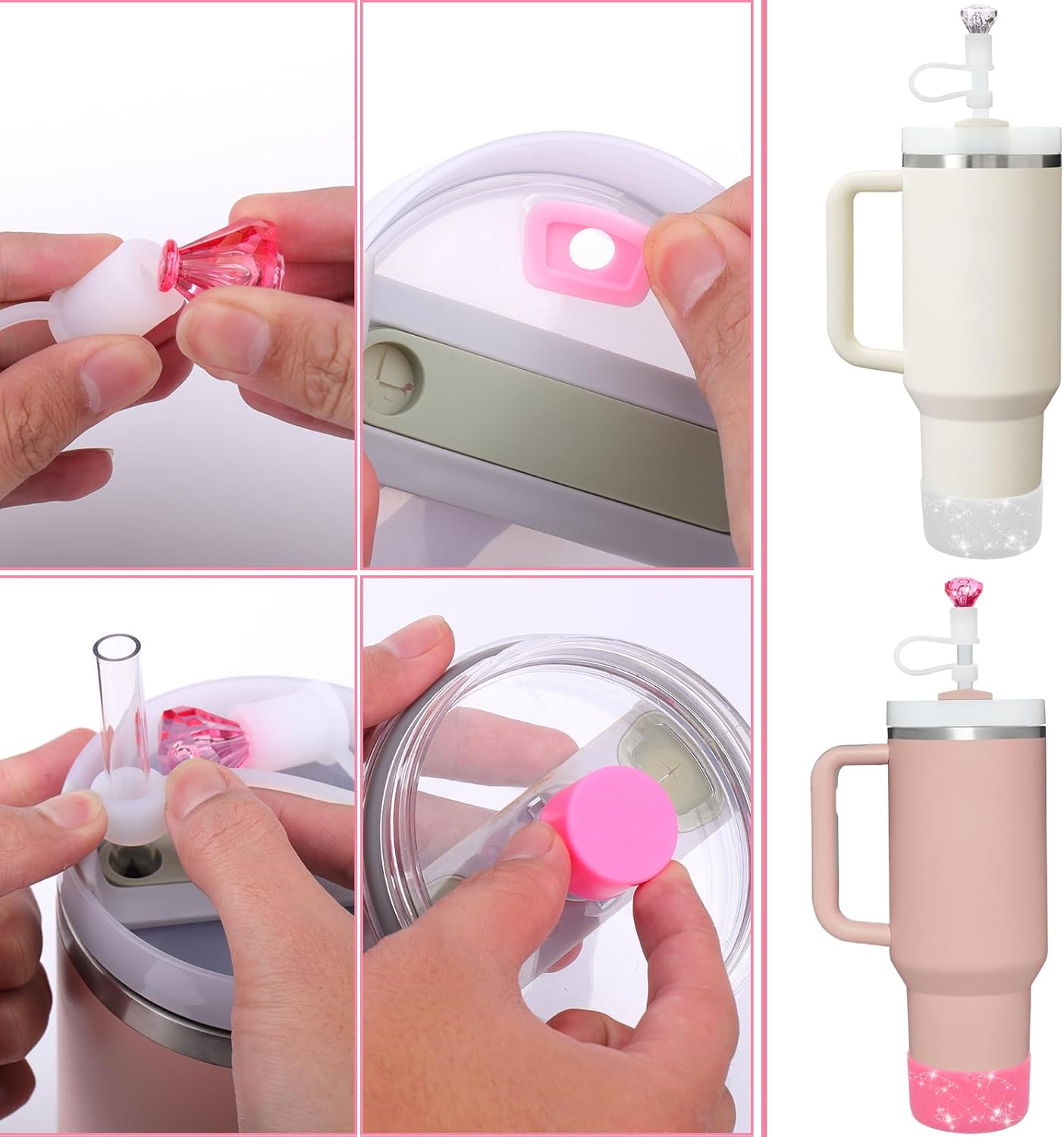 Mity rain Set for Stanley Cup Accessories, Including 2Pcs Diamond Straw Topper, 4 Pcs Silicone Spill Proof Stopper, 2Pcs Protective Glitter Silicone Boot, Pink and White Set for Stanley Cup 40/30 OZ