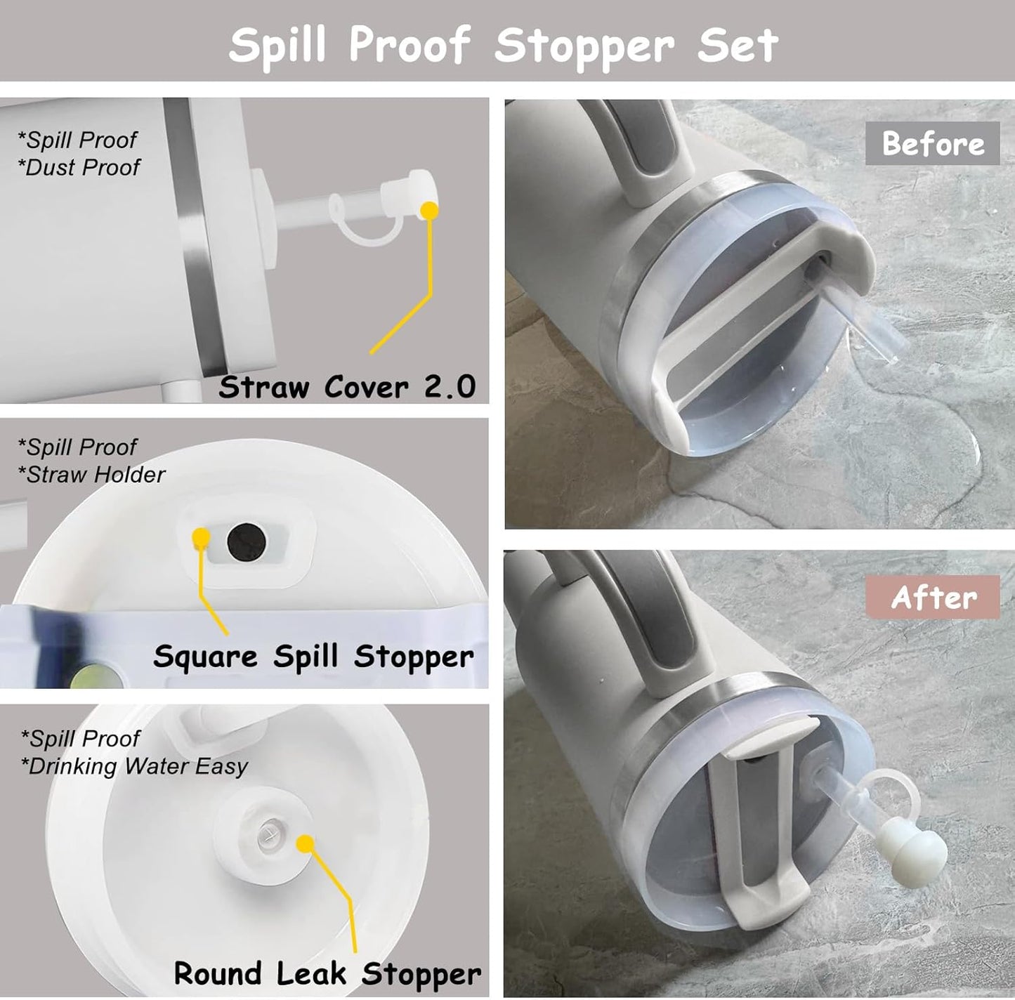 Stanley Cup Accessories Set,Including 2 Pcs 0.4in Straw Cover, 1 Silicone Spill-Proof Stopper, 1 Cute Handle Charm, 1 Silicone Boot Fits Stanley 40&30 Oz Tumbler (Grey)