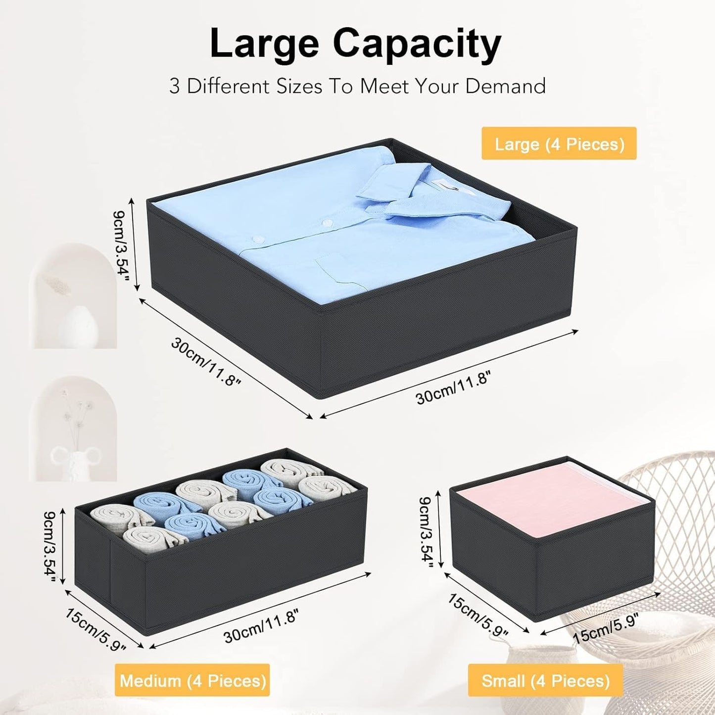 DIMJ Drawer Organizer Clothes 6 Pack - Foldable Baby & Nursery Organization Dresser Dividers for Bedroom, Closet - Black