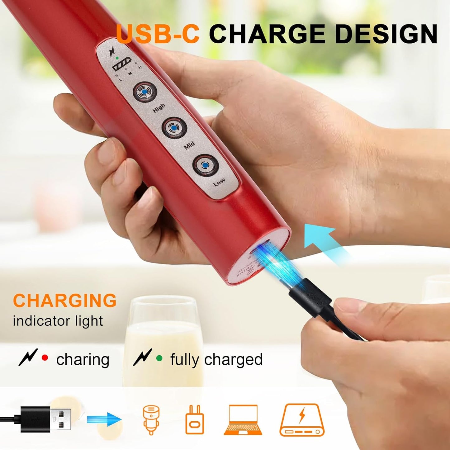 YUSWKO Red Milk Frother Handheld with 3 Heads, Coffee Whisk Foam Mixer with USB Rechargeable 3 Speeds, Electric Mini Hand Hand Frother for Latte, Cappuccino, Hot Chocolate, Egg