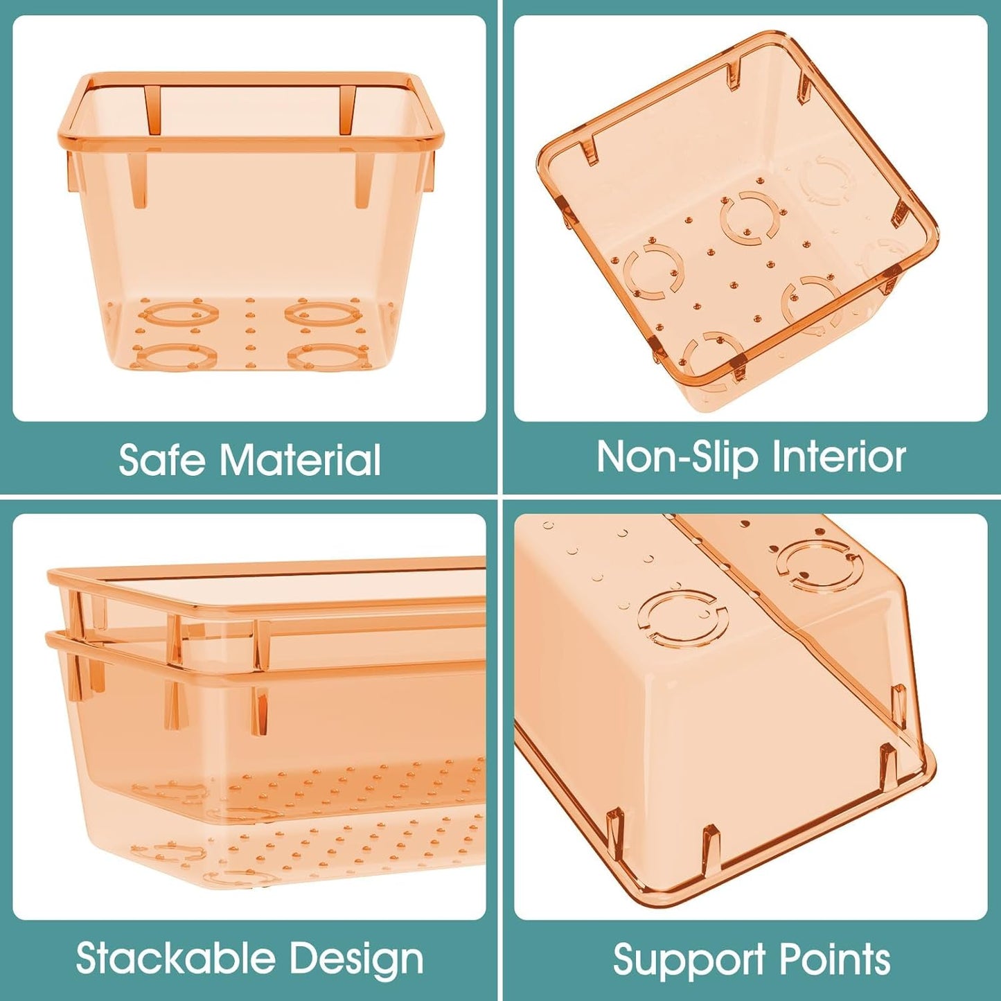 WOWBOX 25 PCS Plastic Drawer Organizer Set, 4 Sizes Desk Drawer Divider Organizers and Storage Bins for Makeup, Jewelry, Gadgets for Kitchen, Bedroom, Bathroom, Office, Clear Orange