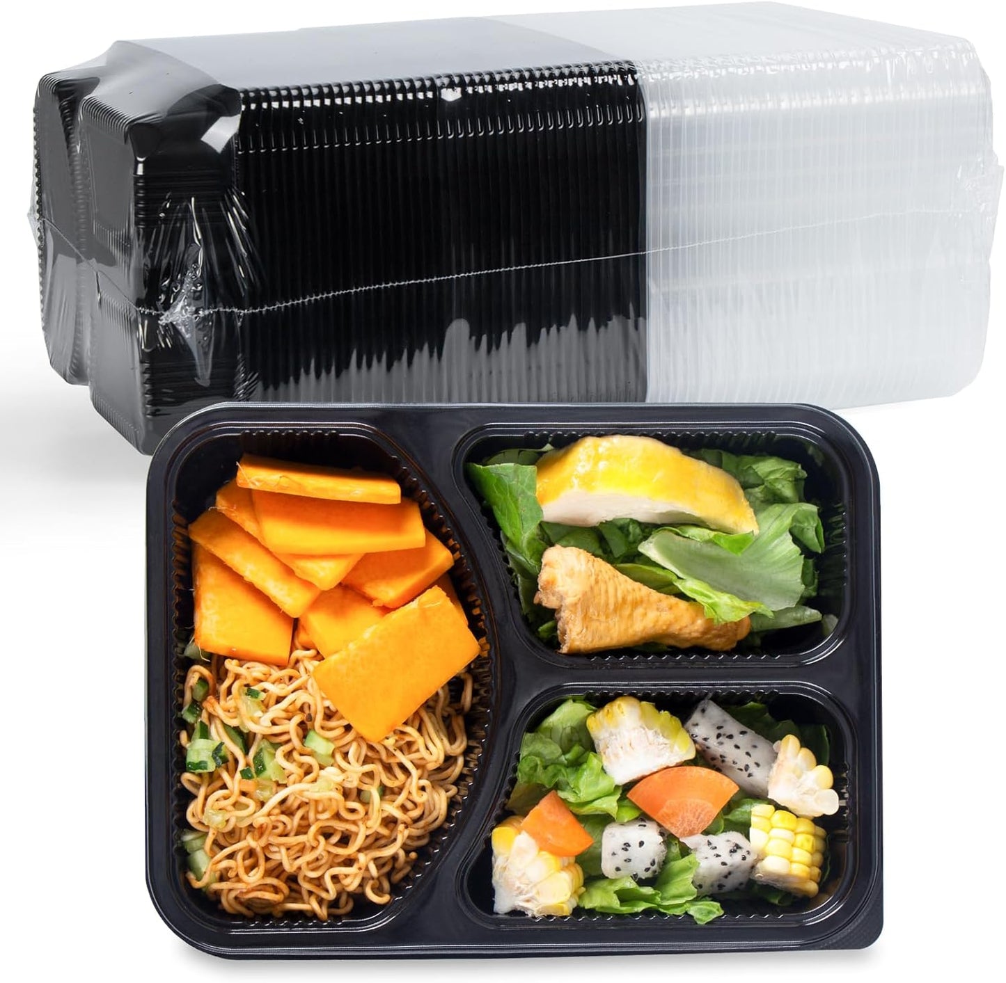 YANGRUI Food Containers Shrink Wrap 40 Pack 38 oz - Leak Proof BPA Free Reusable Flexible Pure PP Plastic Container | Microwave & Dishwasher Safe Meal Prep | Restaurant Grade 3 Compartment Lunch Boxes