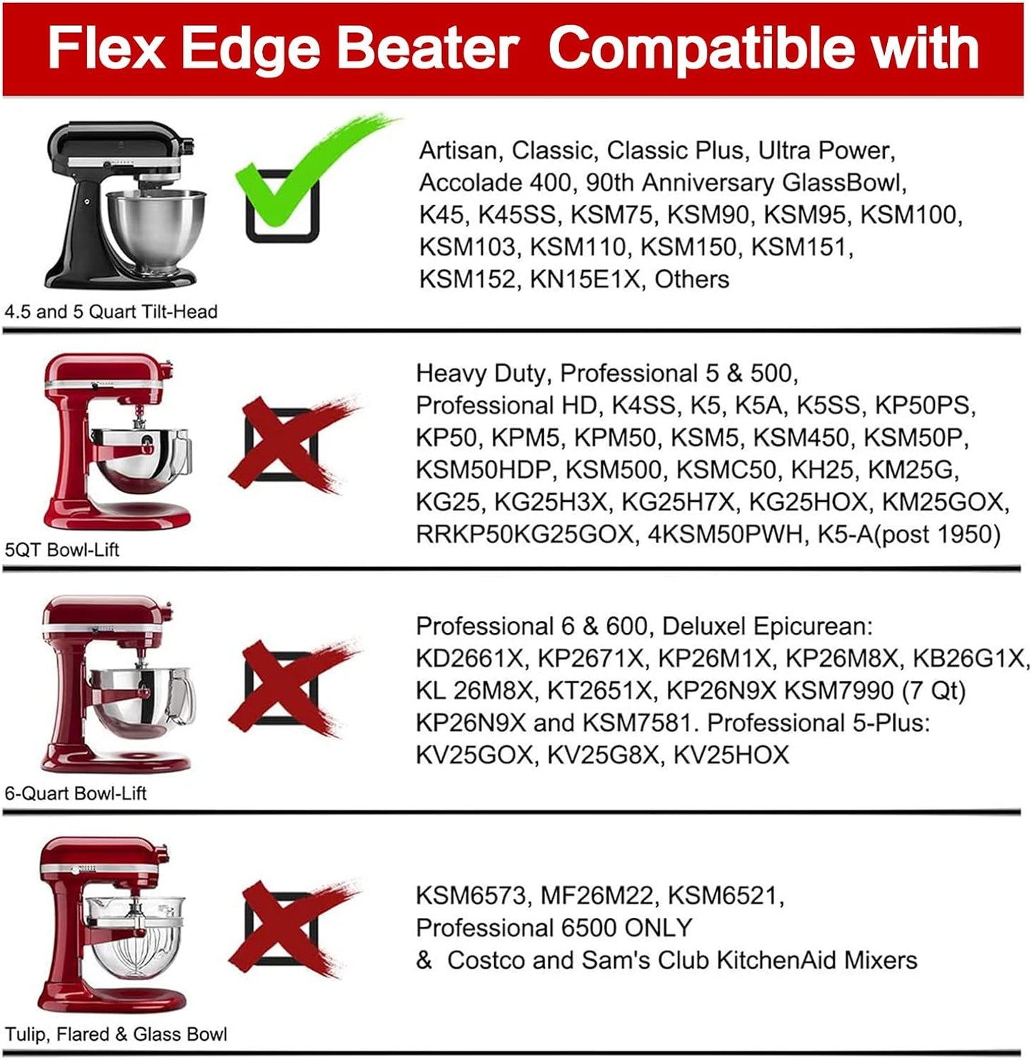 Flex Edge Beater for KitchenAid Tilt-Head Stand Mixer, 4.5-5 Quart Flat Beater Paddle with Flexible Silicone Edges Bowl Scraper, Grey