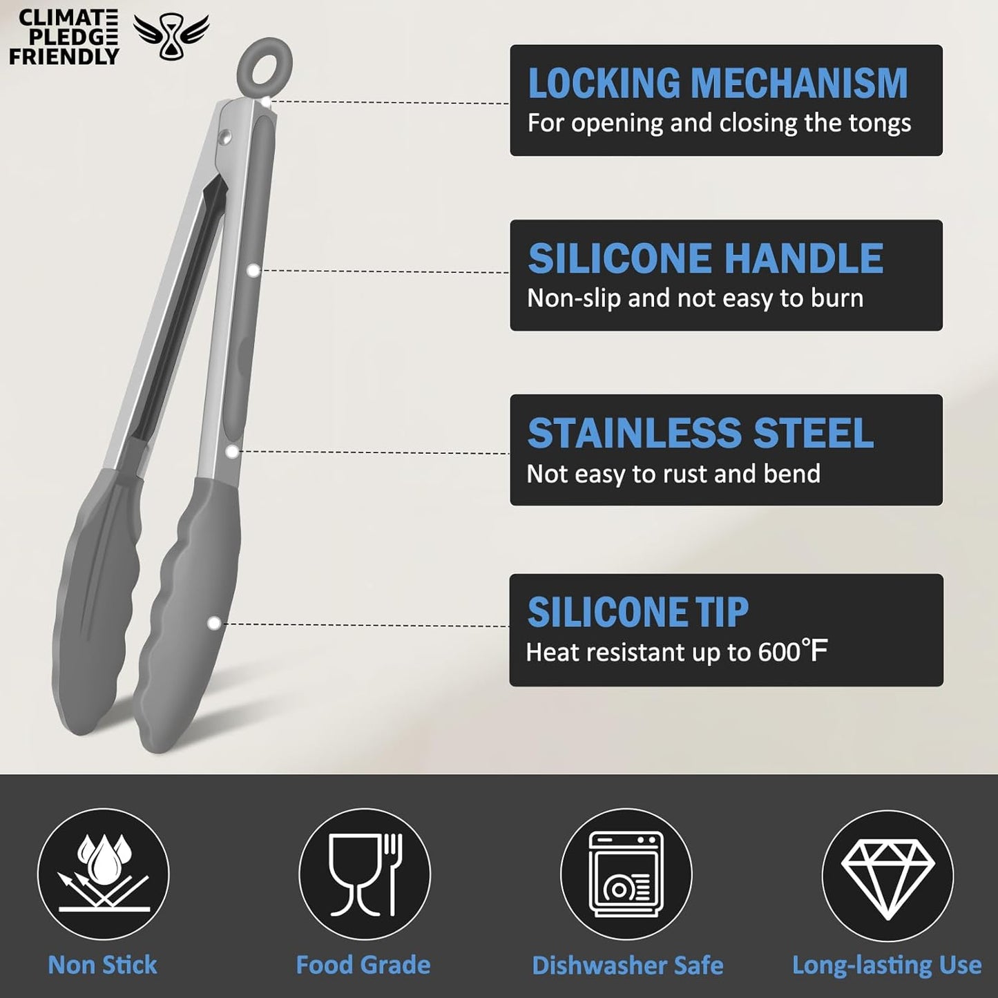 Kitchen Tongs, Set of 3 Stainless Steel Tongs with Silicone Tips Locking Cooking Tongs 600ºF Heat Resistant Tong for Cooking BBQ Grilling Air Fryer Serving Food Salads, 7"+9"+12" Light Grey