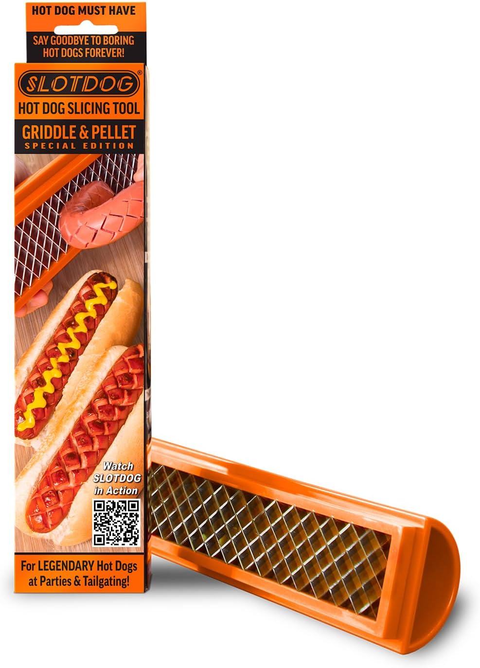 Hot Dog Slicing Tool - Orange - Griddle & Pellet Grill Special Edition For Griddles, Grills, Smoker, Air Fryer, Oven, BBQ, Campfire, Kitchen, Tailgating - Stainless Cutter Blades 10 inch