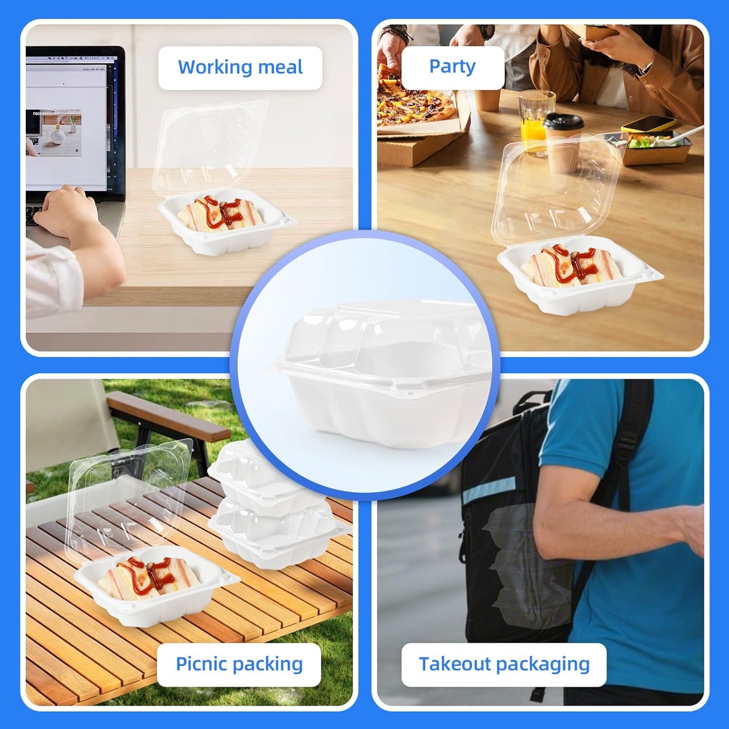 YANGRUI Food Containers 6" 17 oz 55 Pack - Reusable Crystal View Fog Resistant Lid BPA Free Pure PP Plastic Burger Box | Shrink Sealed Hygienic Freezer & Microwave Safe | White Sushi Takeout Container