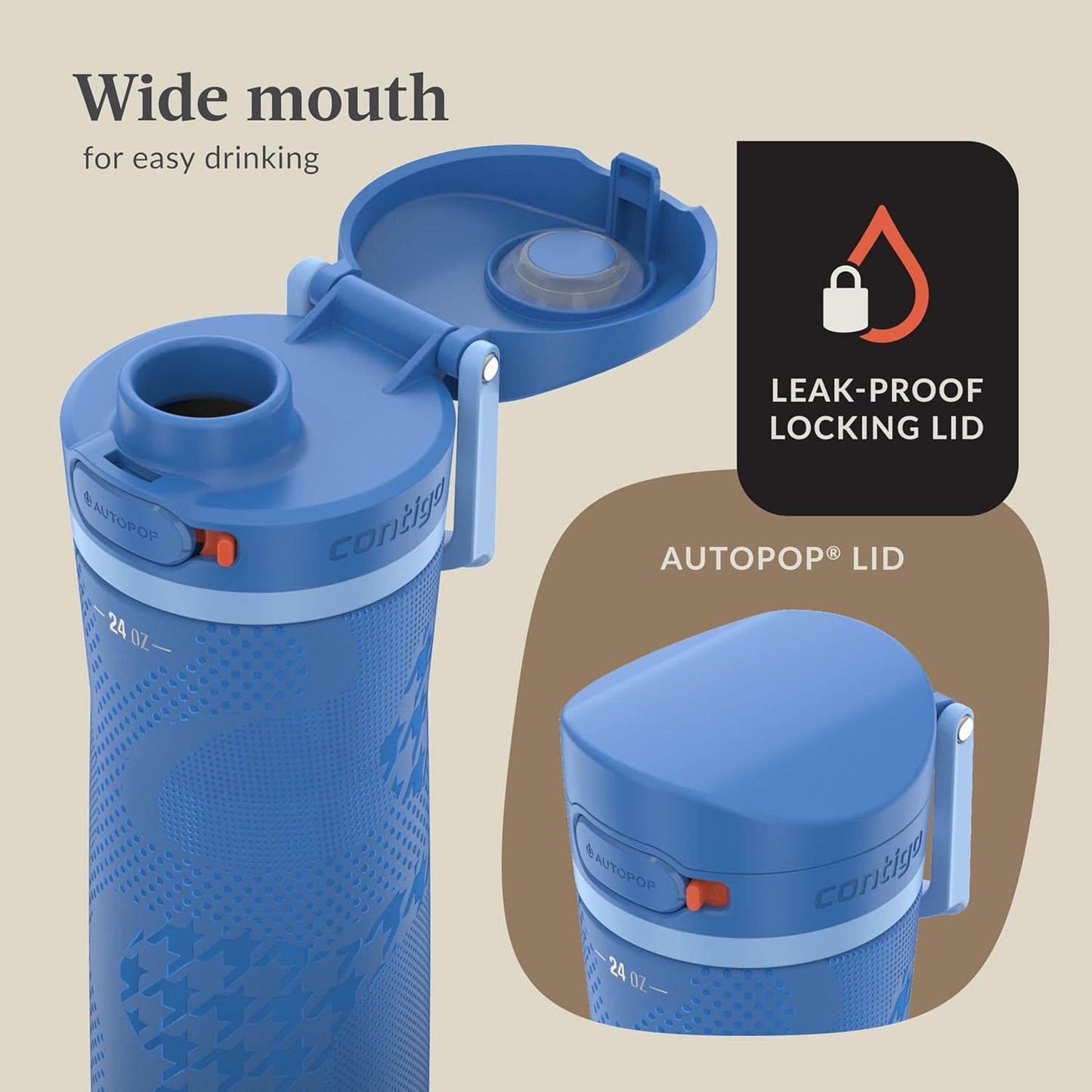 Contigo x Ally Love Jackson Chill 2.0, Stainless Steel, Spill Proof Water Bottle with AutoPop Lid, BPA Free, 24oz, Stellar Jay