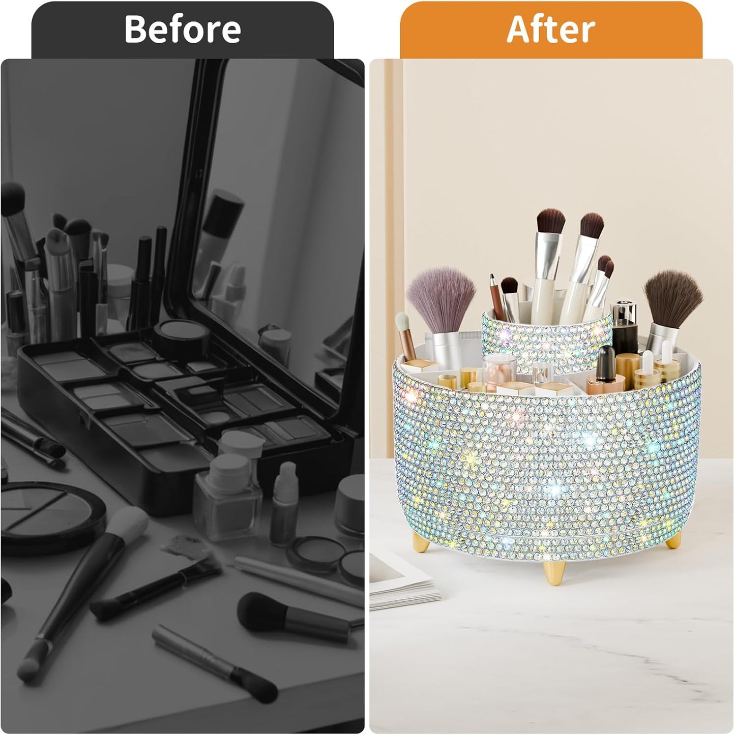 Bling 360° Rotate Makeup Brush Holder Organizer, Makeup Organizers Countertop, Makeup organization and Skincare Storage for Vanity, Gift for Women Girls (Bling dz-White AB)