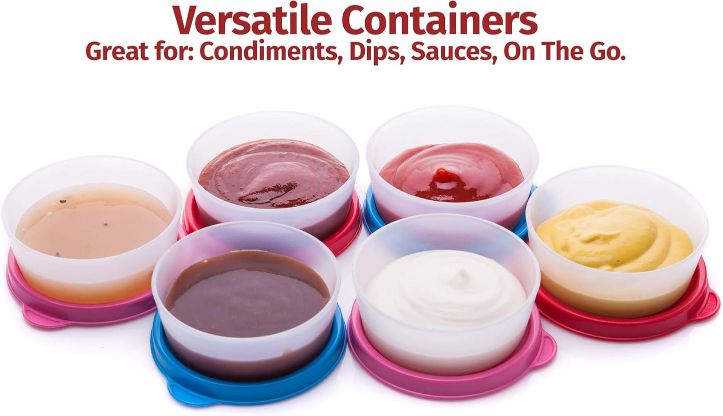 SIGNORA WARE Condiment Containers with Lids- 6 pk. 2.3 oz.Salad Dressing to go Small Food Storage Containers- Sauce Cups Leak proof Reusable Plastic BPA free for Lunch Box Picnic Travel