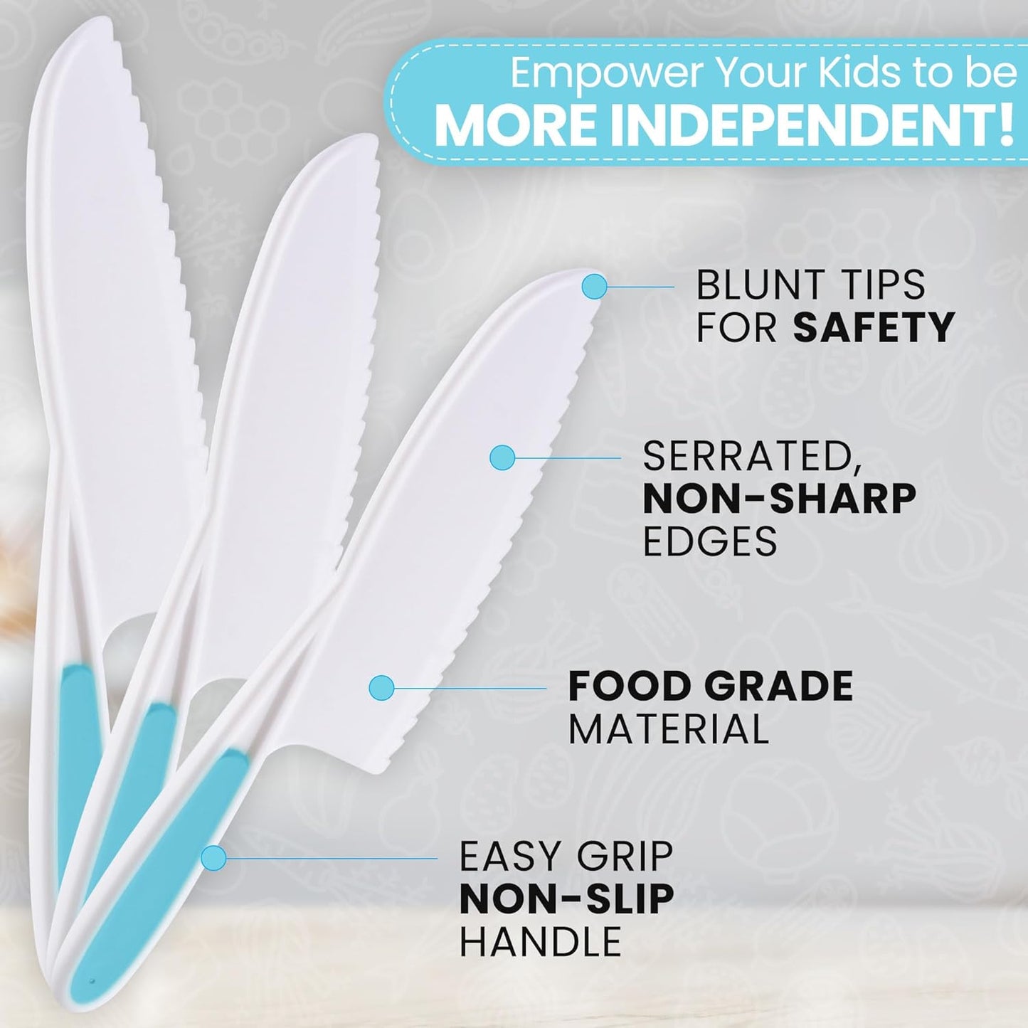 Zulay 3-Piece Kids Knife Set for Real Cooking & Baking - Toddler Knives for Cutting Fruits, Veggies, & Cake - Children’s Montessori Knife with Serrated Edges - Safe & Fun Lettuce Knife (Blue)