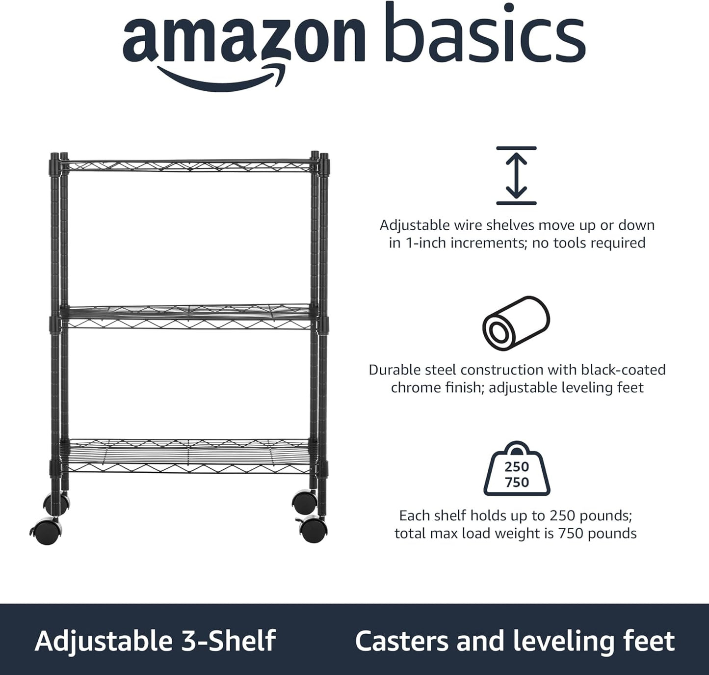 Amazon Basics 3-Shelf Adjustable, Heavy Duty Storage Shelving Unit on 2'' PP Plastic Wheel Casters, Metal Organizer Wire Rack, 23.2" L x 13.4" W x 32.75" H, Black