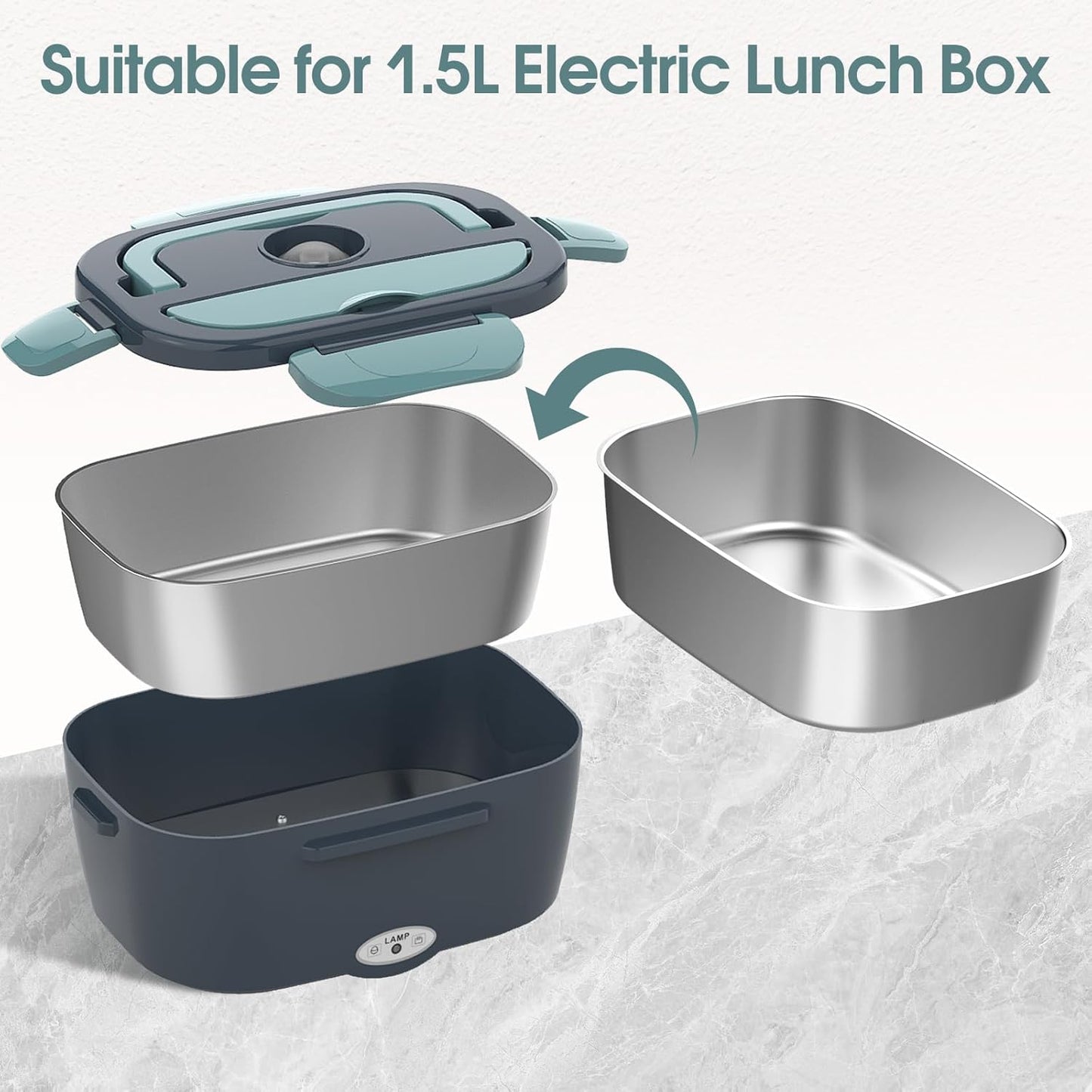 (Only for 1.5L Electric Lunch Box) 1.5L 304 Stainless Steel Inner Container for Electric Lunch Box, Removable Replacement Tray, Easy to Clean, Eco Friendly and Dishwasher Safe