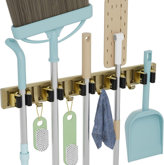 reliahom Broom Holder Wall Mount Mop and Broom Hanger Wall Mounted Garage Storage Rack Kitchen Garden Tool Organizer (5 Racks with 4 Hooks, Bronze)