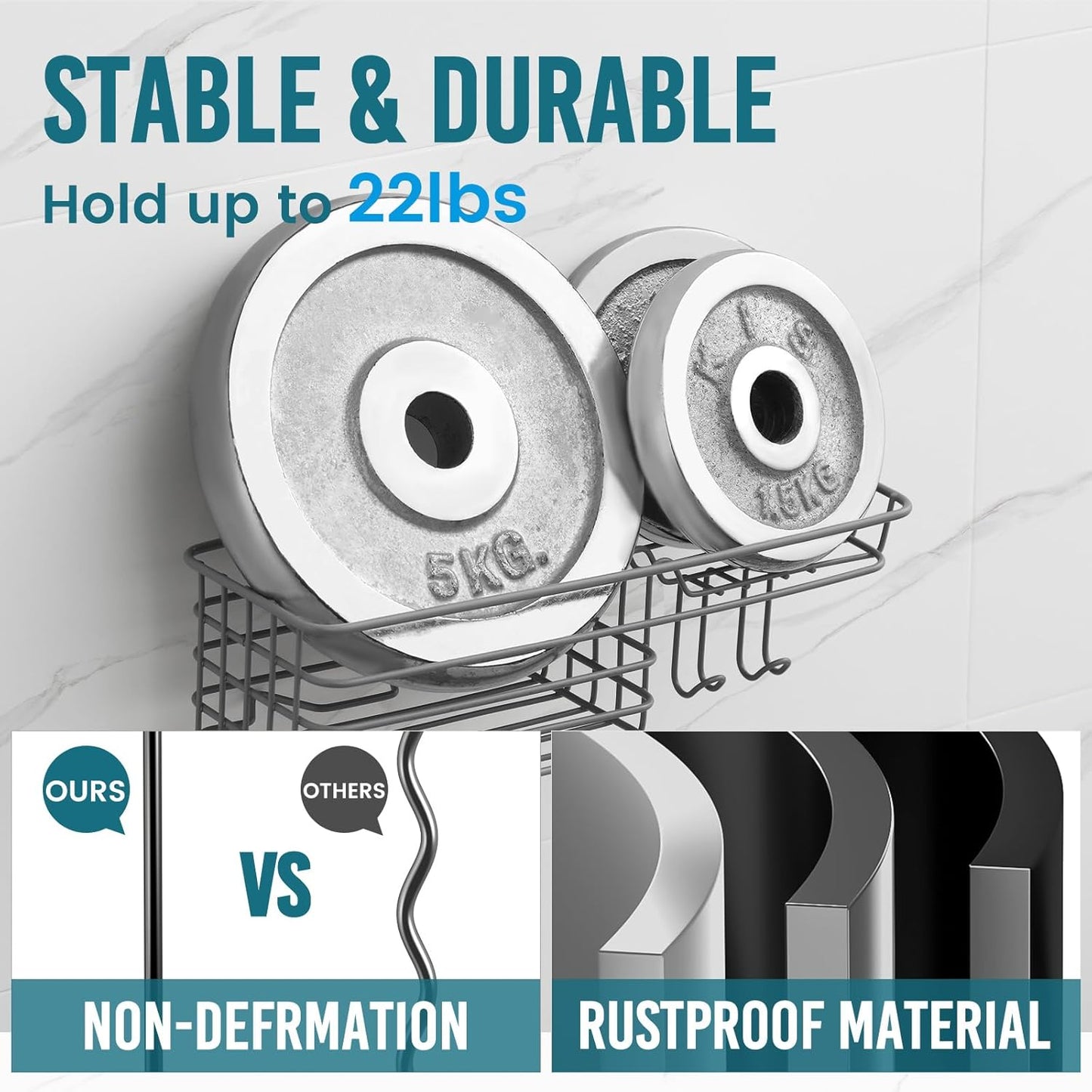 TAILI Shower Caddy Suction Cup with Hooks & Soap holder, Heavy Duty Bathroom Shower Organizer, No Drilling Shower Shelves for Inside bathroom, Metal Storage Basket-Grey