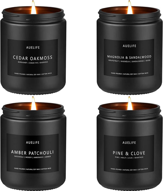 Winter Candle Gift Set for Men – 4 Pack Soy Candles with Cedar Oakmoss, Pine & Clove, Amber Patchouli, Sandalwood – Masculine Scented Candles for Home, Christmas Gift Set for Dad Fathers Day