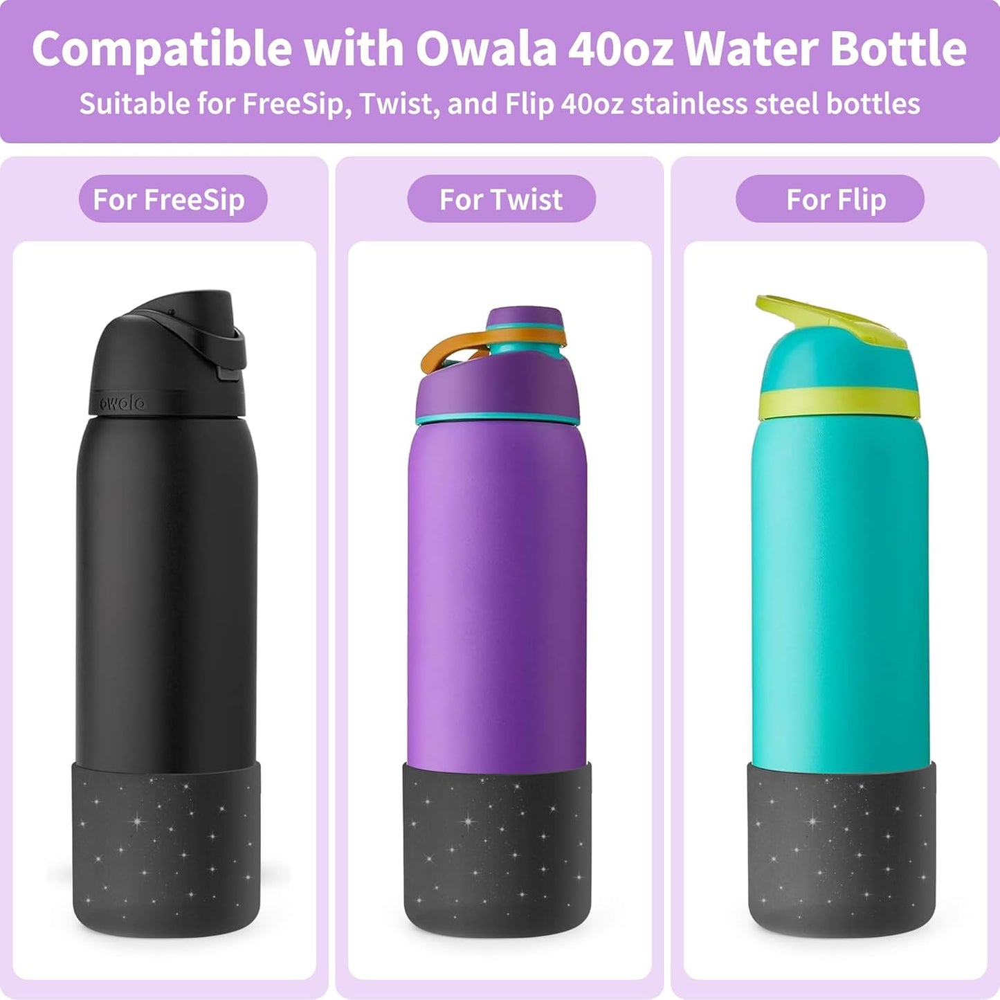 Silicone Boot for 40 oz Owala Water Bottles, Anti-Slip Protective Sleeve for Owala Twist & FreeSip & Flip Insulated Water Bottle, Boot Bottom Base(Glitter Black)