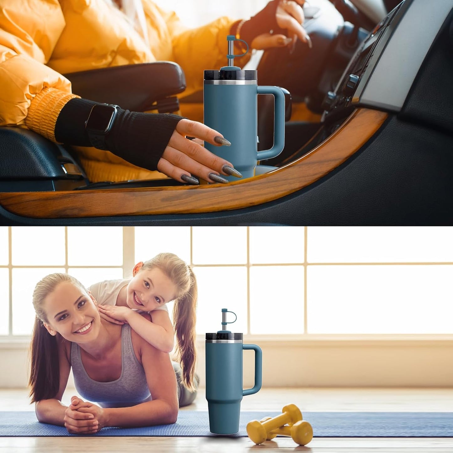 Silicone Spill Stopper Set Compatible with Stanley Cup 2.0 30oz & 40oz with Straw Cover (Set of 2, Blue Spruce)