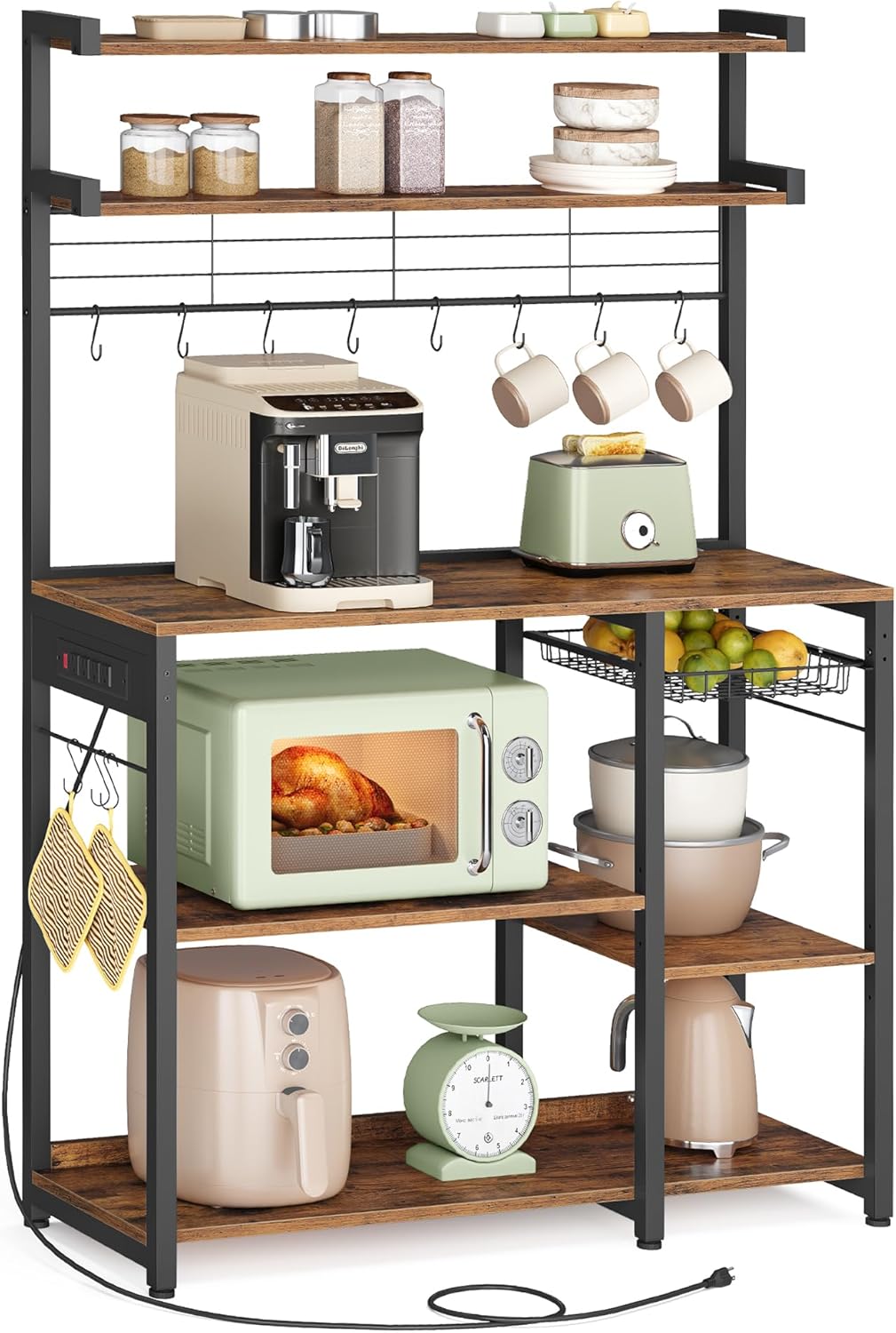 VASAGLE Bakers Rack with Power Outlet, 35.4 Inches Microwave Stand, Coffee Bar, 4 AC Outlets, with Adjustable Shelves, 8 S-Hooks, Basket, Spice Racks, Rustic Brown and Ink Black UKKS031K01