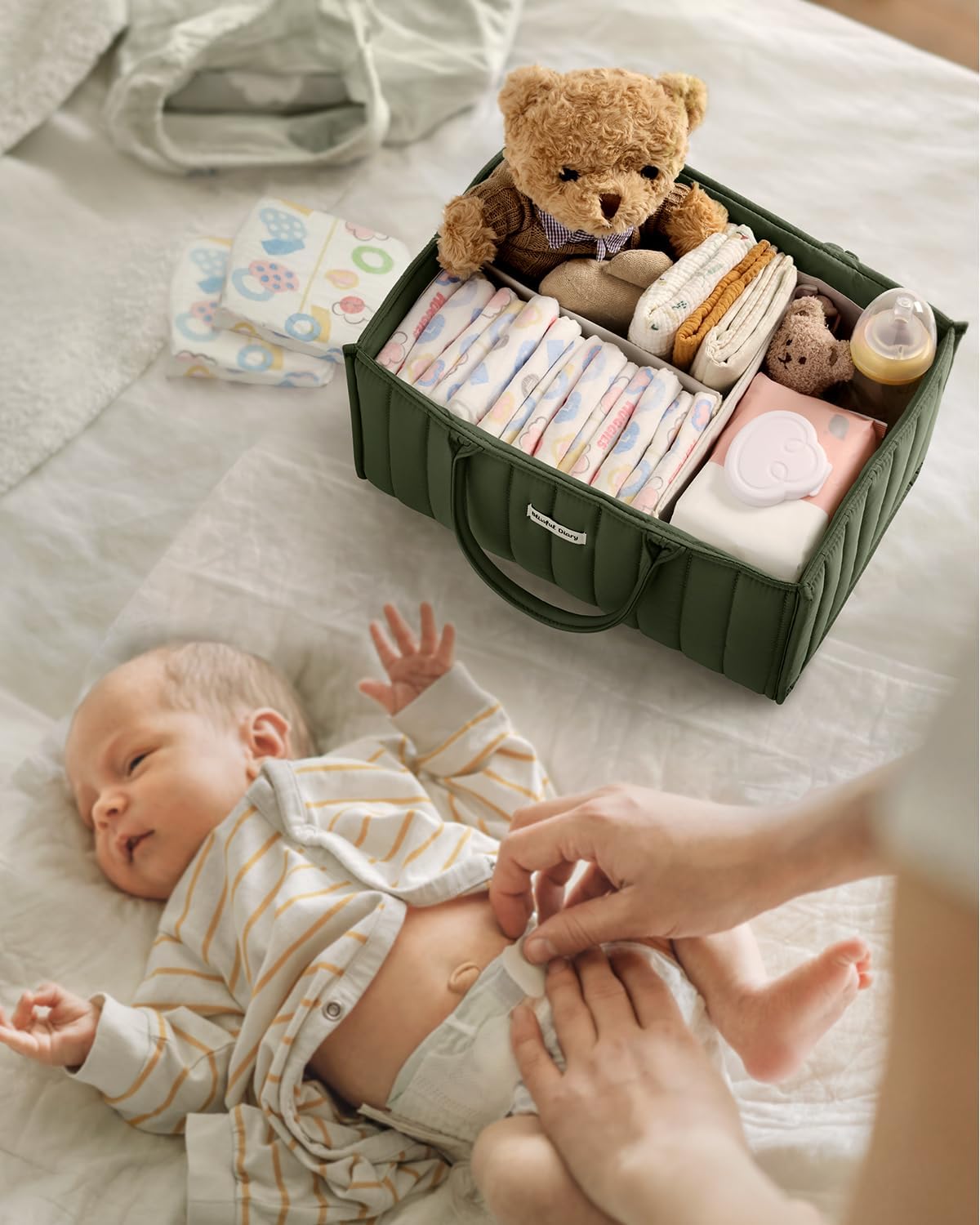 Blissful Diary Baby Diaper Caddy Organizer, Stylish Storage Basket for Newborn Essentials and Diaper Station, Gift for Baby Shower and Registry Must-Have, Deep Green