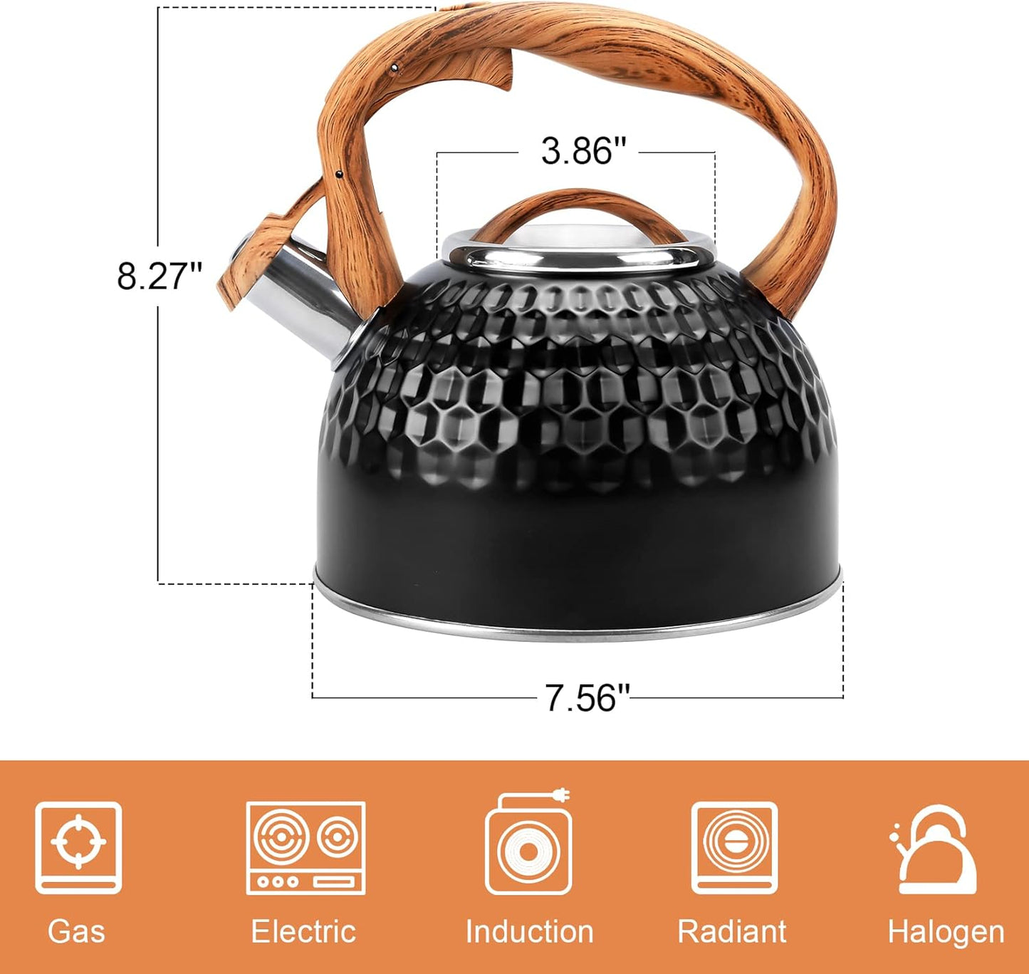 Whistling Teapot, 2.6 Qt 304 Food Grade Stainless Steel Tea Kettle with Heat-resistant Handle, Durable, not Rust，One-button Switch(BLack）