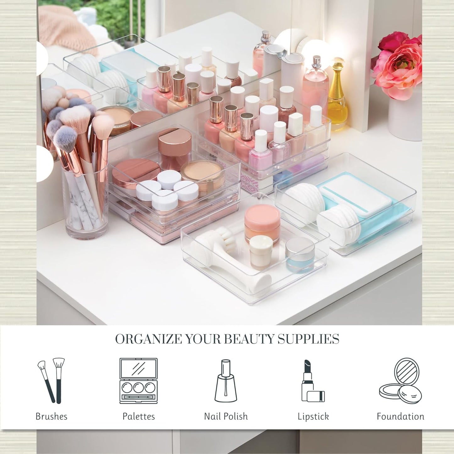 STORi SimpleSort 6-Piece Stackable Clear Drawer Organizer Set | 6" x 6" x 2" Square Trays | Small Makeup Vanity Storage Bins and Office Desk Drawer Dividers | Made in USA