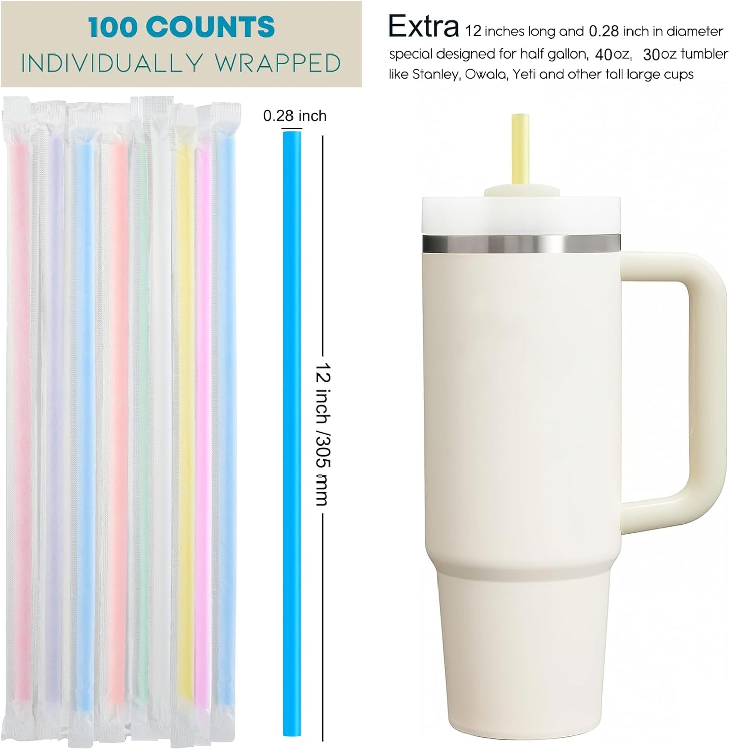 ALINK 100 Pcs Long Disposable Straws for Stanley 40 oz 30 oz Tumbler, 12 inch Colorful Plastic Straws for Stanley, Owala, Yeti 40 OZ 30 OZ Cup, Individually Wrapped