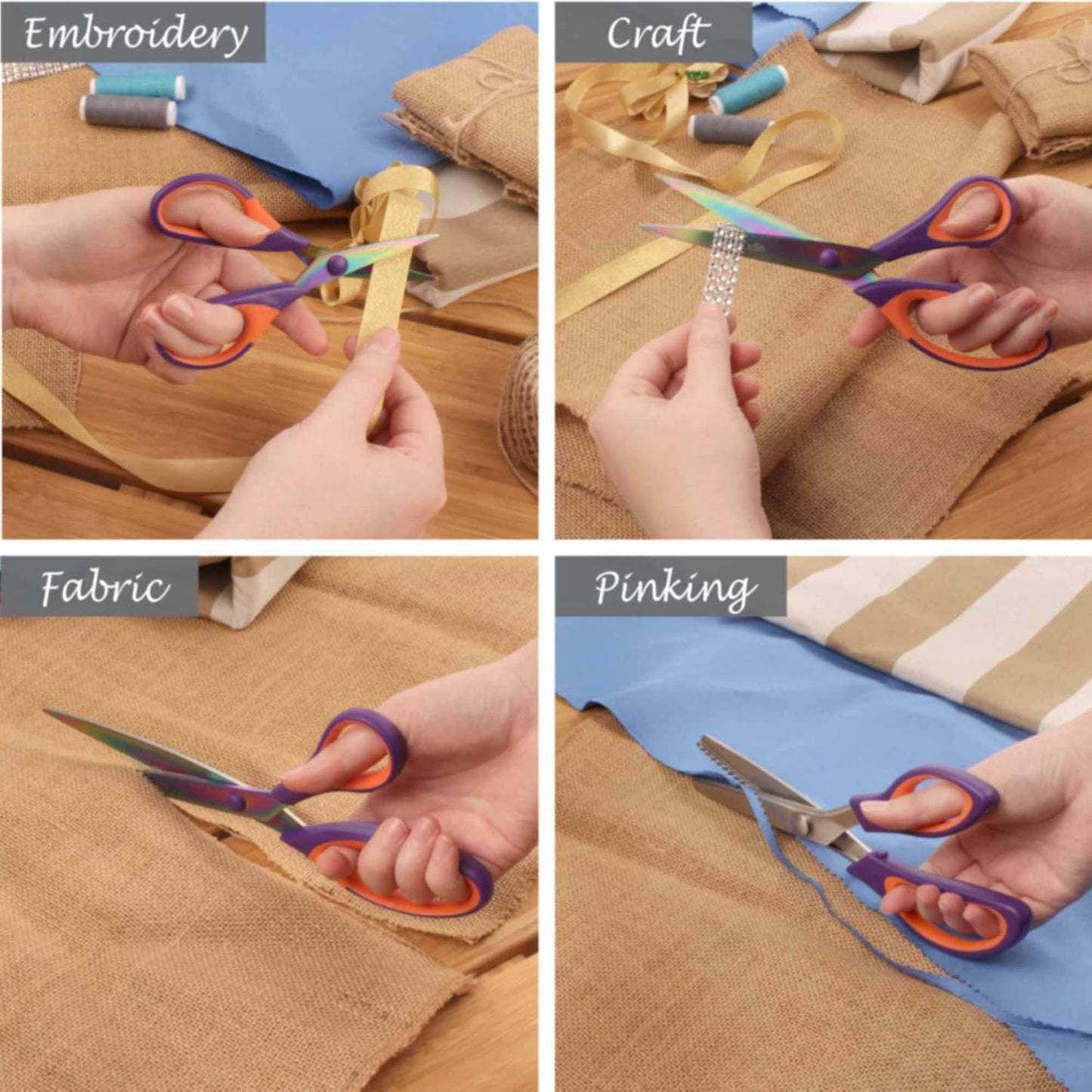 BambooMN Titanium Softgrip Scissors Set - Pinking, Sewing, Arts, Crafts, Office - 10 Sets of 4 - Purple w/Orange