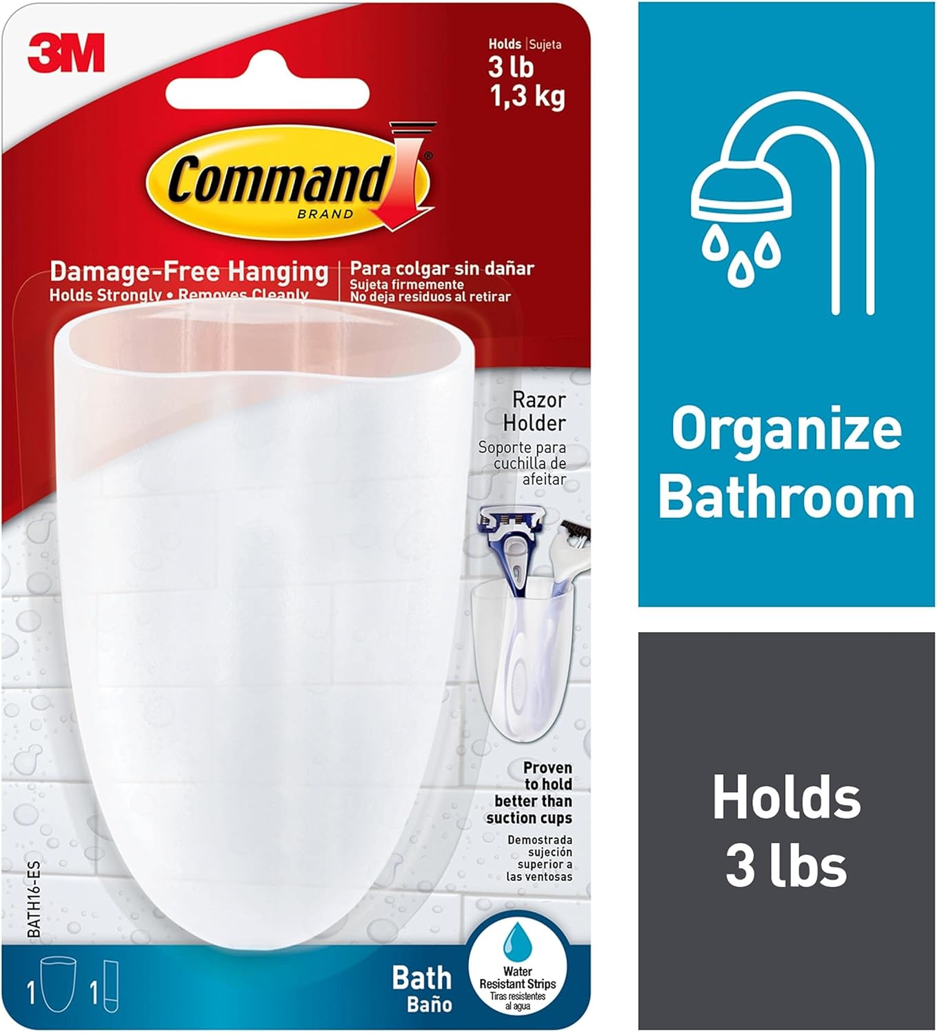 Command Razor Holder, Holds up to 3 lb, Clear Frosted, 4" x 2.5" x 1.5" 1 Holder with 1 Medium Water-Resistant Command Strip, Damage Free Bathroom Organization for Razors or Toothbruses