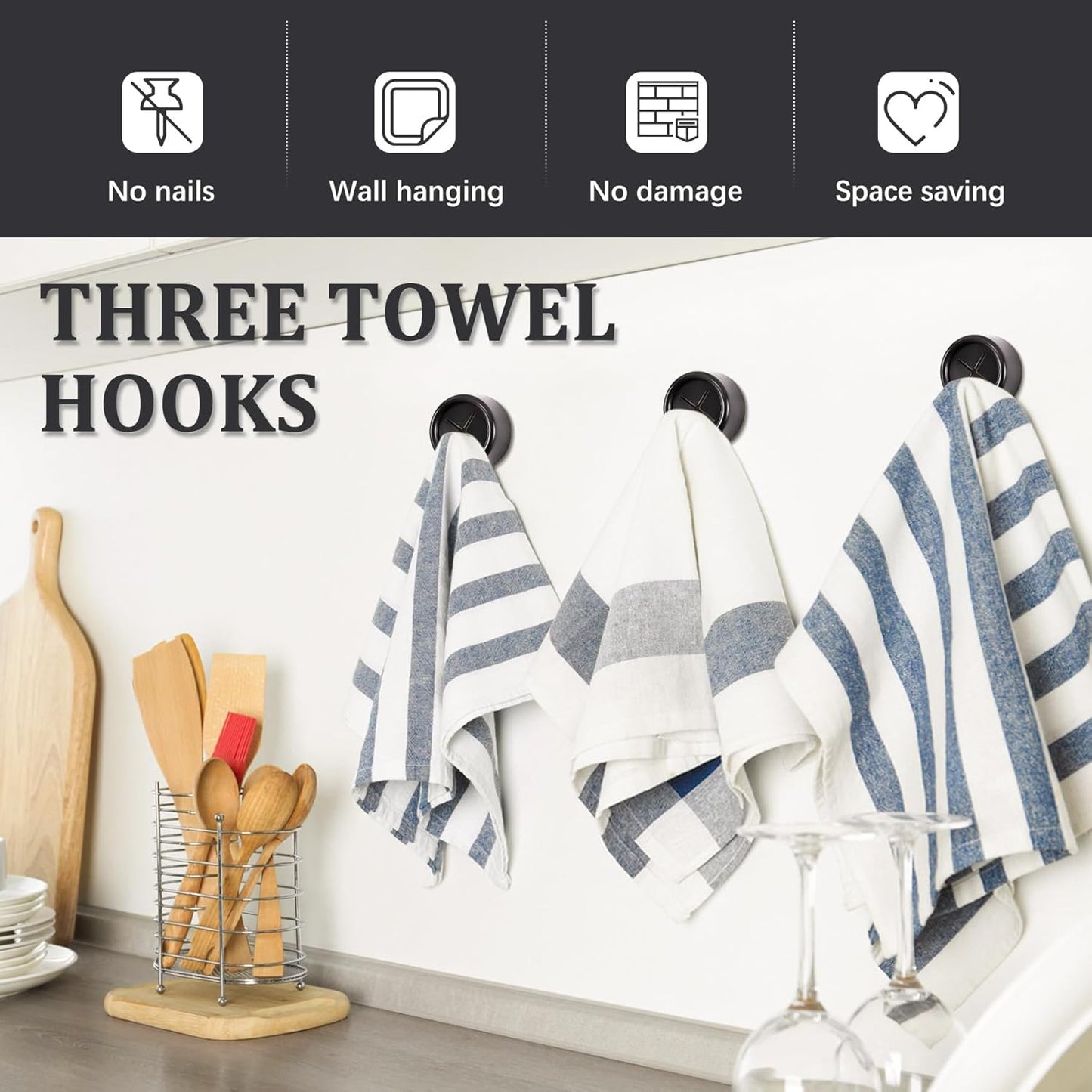 3 Pieces Kitchen Towel Hooks Round Adhesive Dish Towel Hook Premium Chrome Finish & Easy Installation Wall Mount Hand Towel Hook Ideal as Bathroom, Shower or Outdoor Towel Holders (Black)