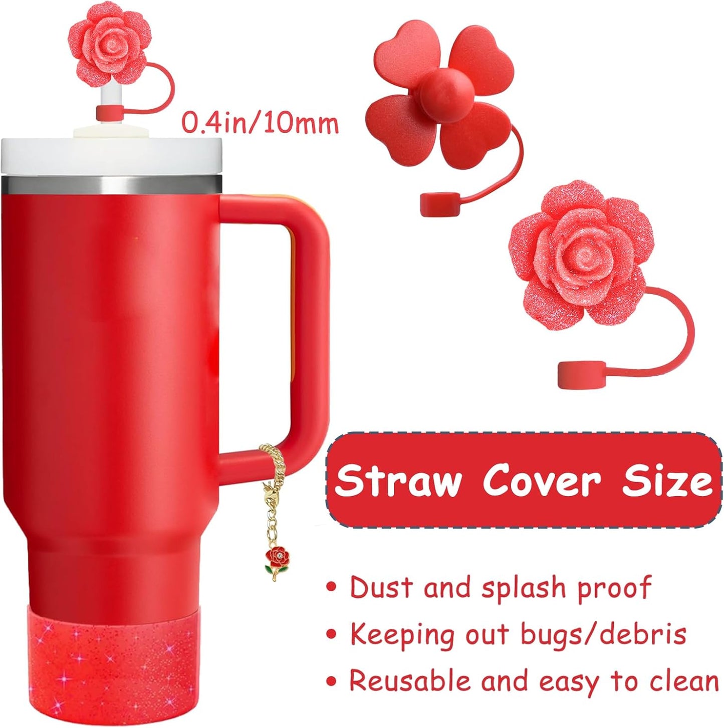 Stanley Cup Accessories Set,Including 2 Pcs 0.4in Straw Cover, 1 Silicone Spill-Proof Stopper Set of 3, 1 Cute Rose Handle Charm, 1 Silicone Boot Fits Stanley 40&30 Oz Tumbler (Chili)
